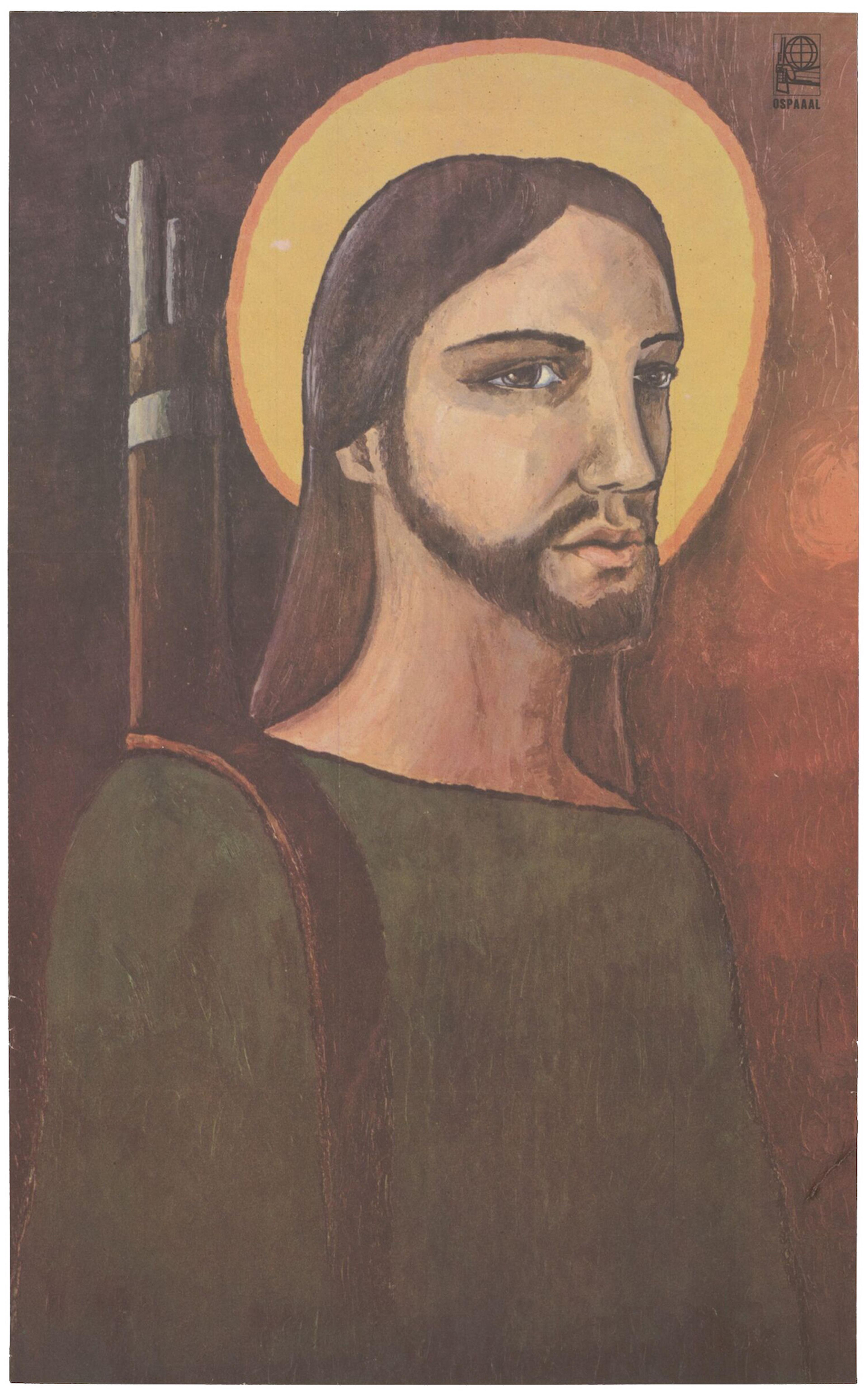 Poster depicting Jesus Christ with a halo and a rifle on his back. There is a square of text stamped on the reverse by the Colombian academic, priest and ELN National Liberation Army member Camilo Torres Restrepo (1929-1966).