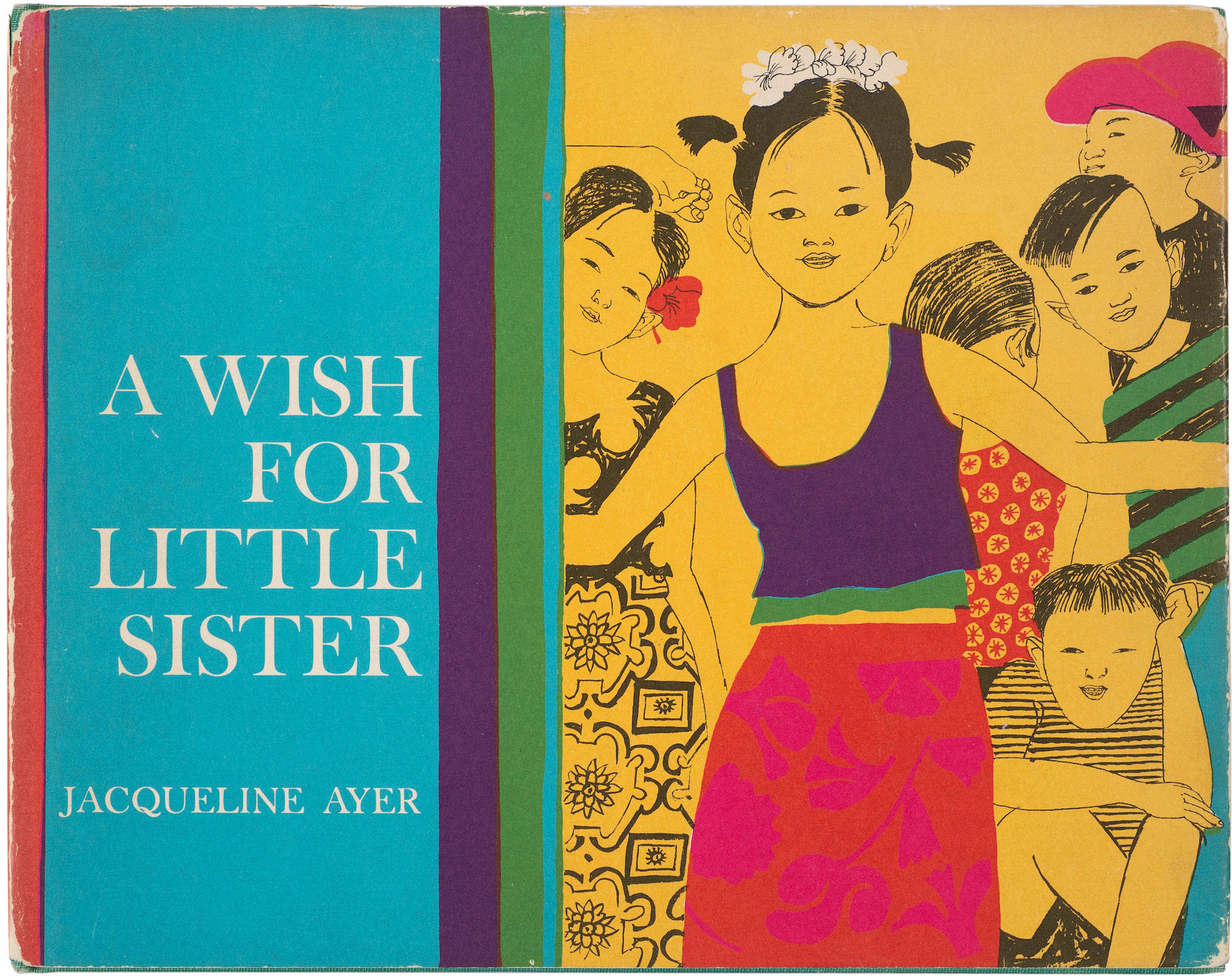 Turquoise and yellow background with line drawings of a group of children