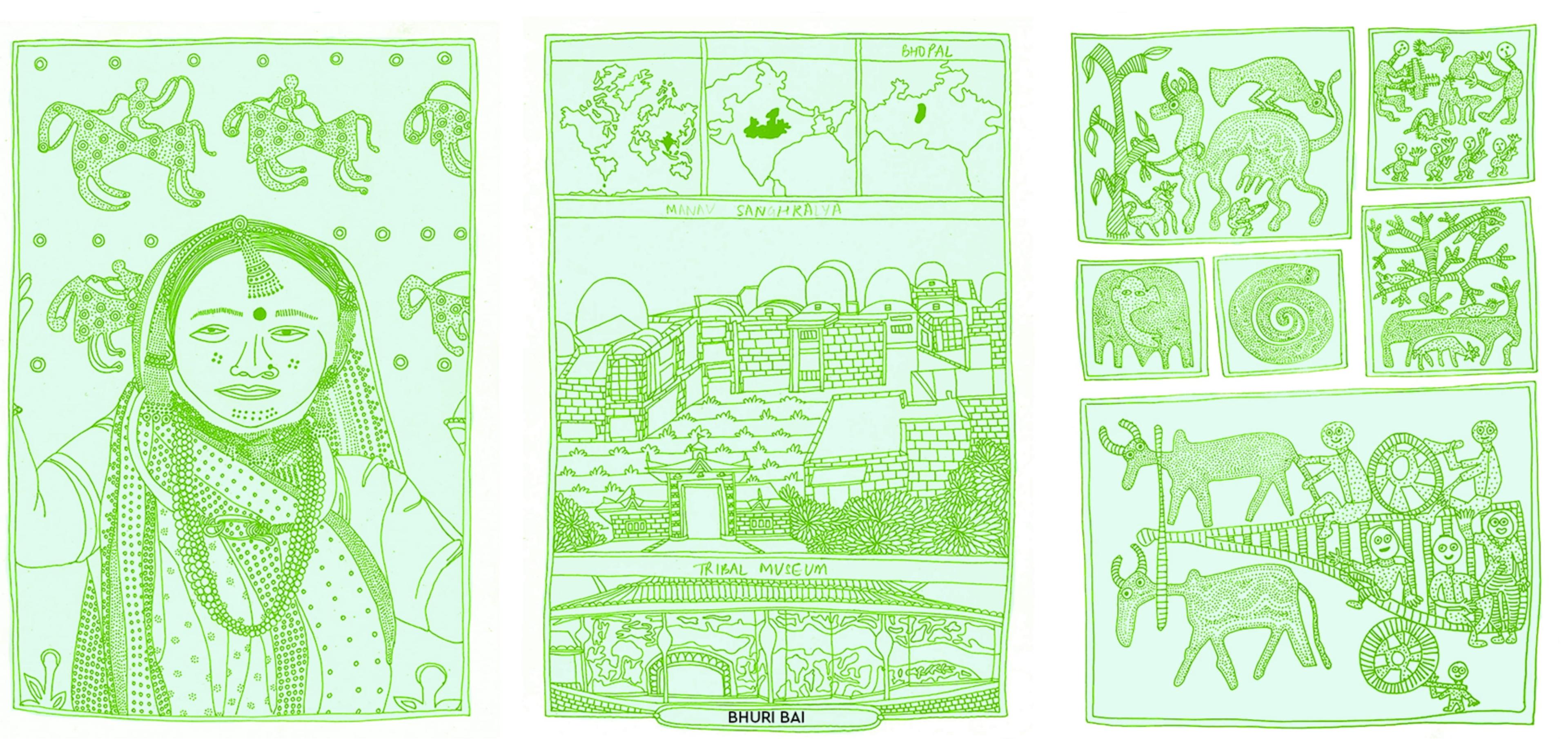Page from The Dot issue - three images with a green tint featuring Bhuri bai and her art style
