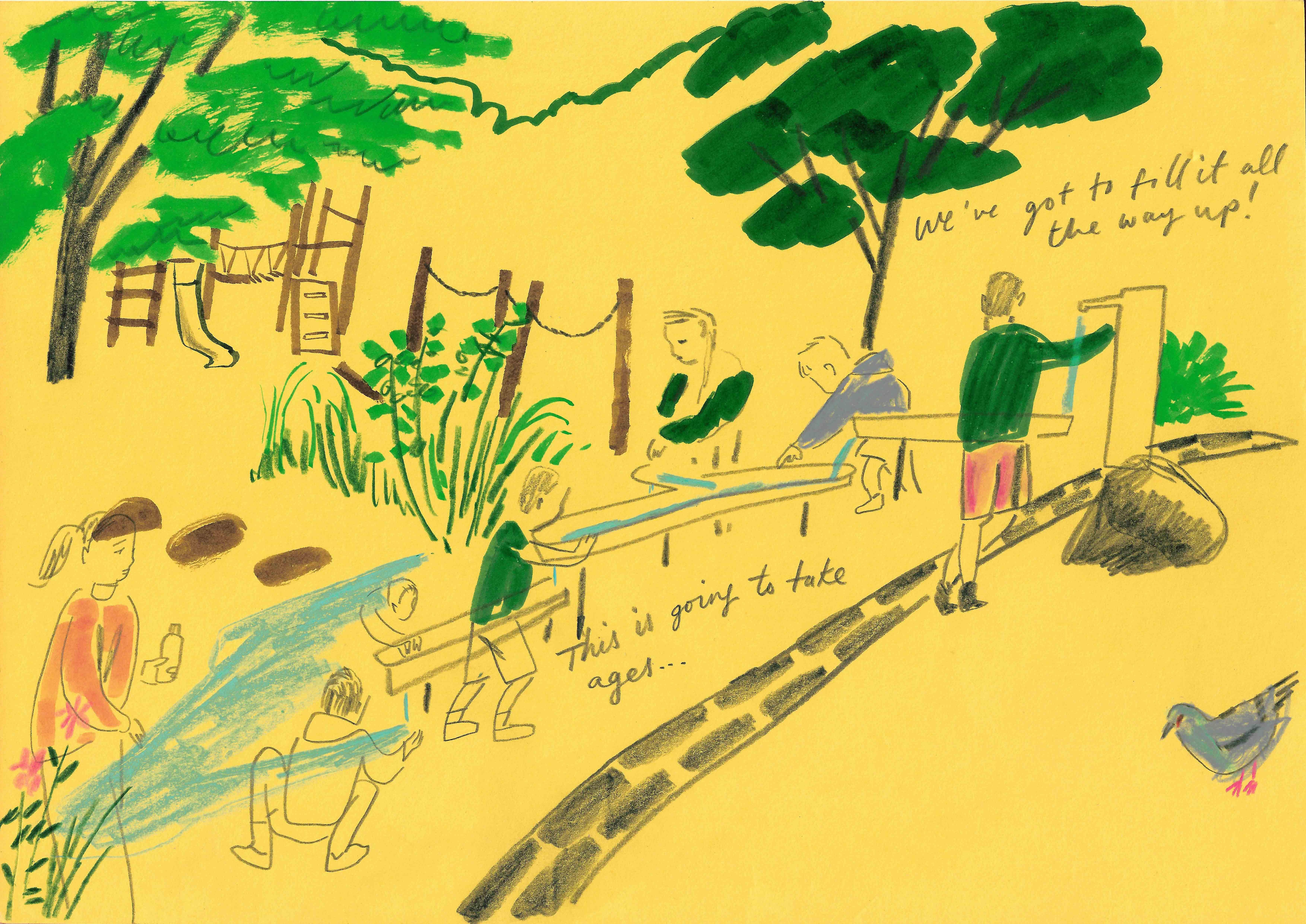 An illustration with pencil and felt tip on yellow paper showing a group of children in a garden, playing with a water feature 