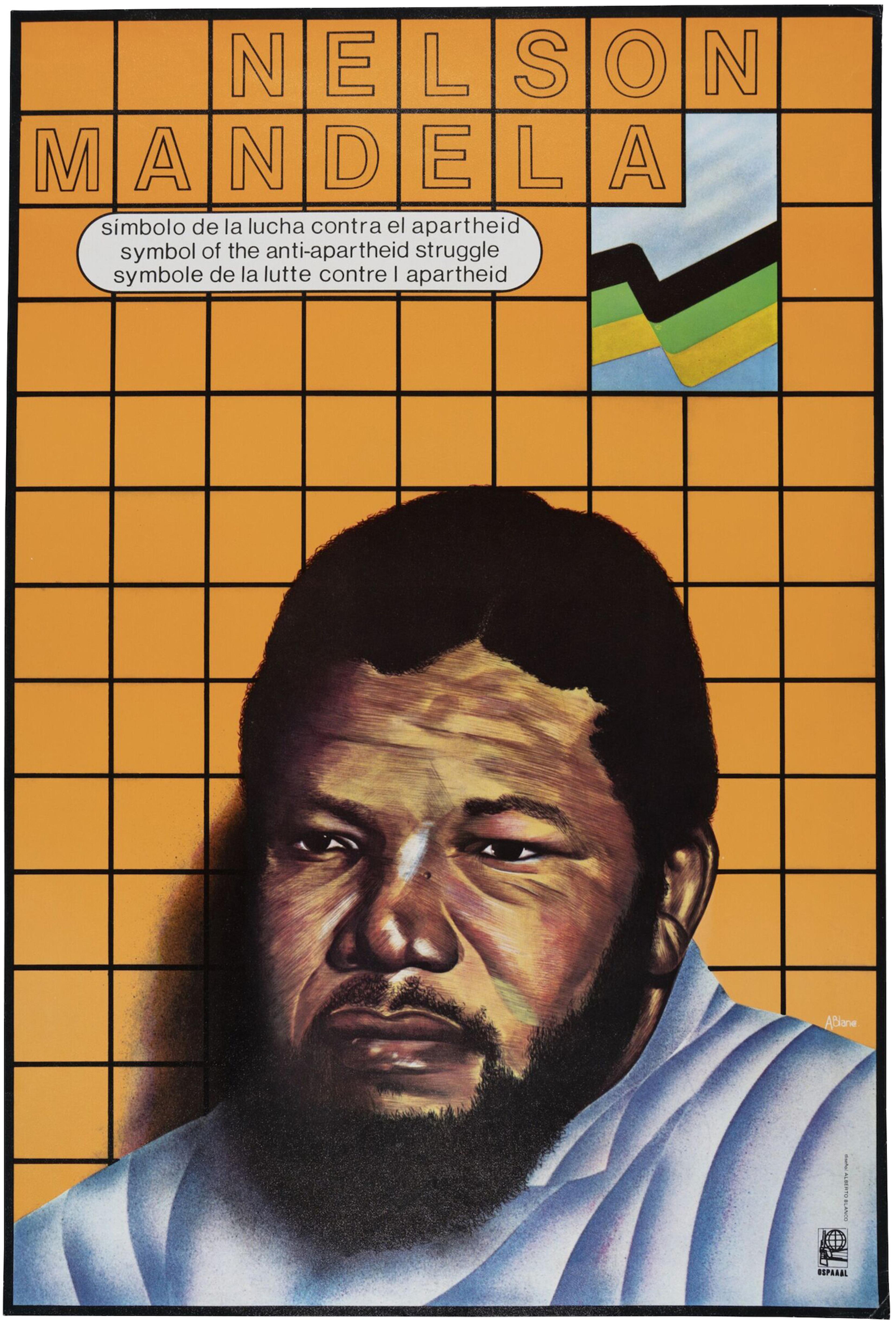 Offset lithograph poster with an illustration of Nelson Mandela against a tiled orange background