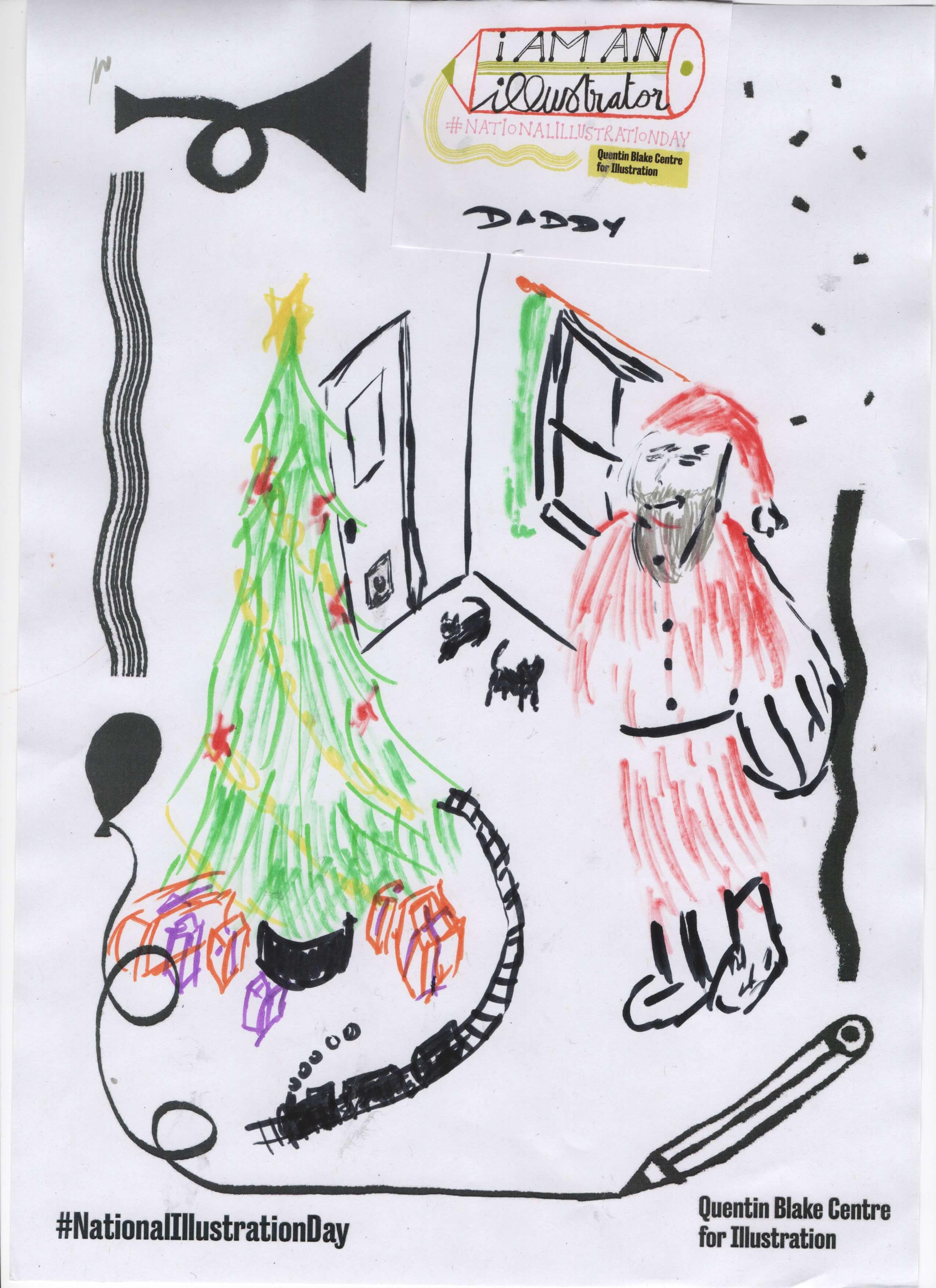 Drawing of Santa Clause in a room looking up at a Christmas tree. 
