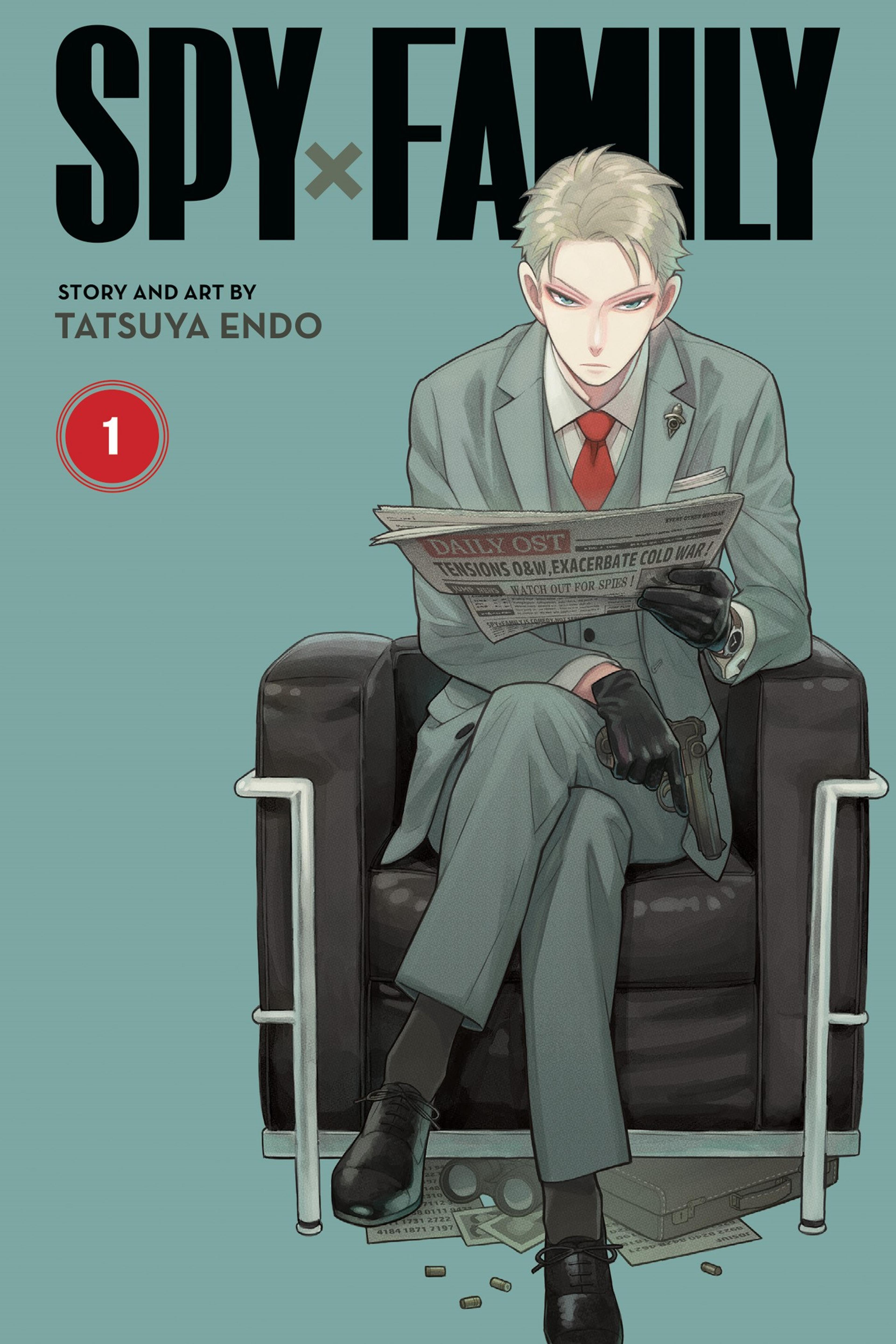 Front cover of SPY x FAMILY by Tatsuya Endo with an illustration of a smartly dressed person sitting on a design chair reading a newspaper. They are wearing gloves.