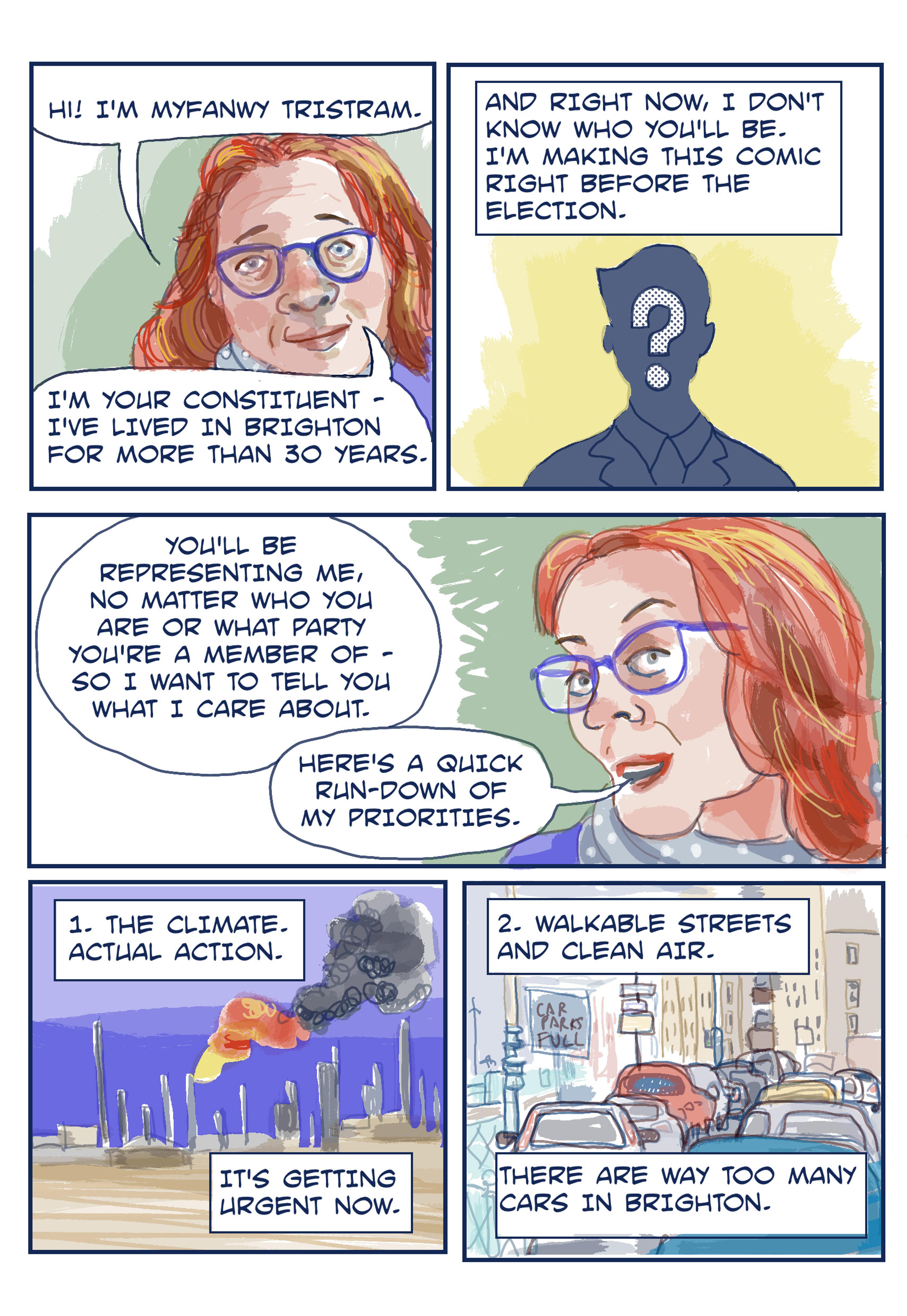 A page from a comic with five panels each including illustration and text. Artist Myfanwy Tristram explains who they are and what is important to them.