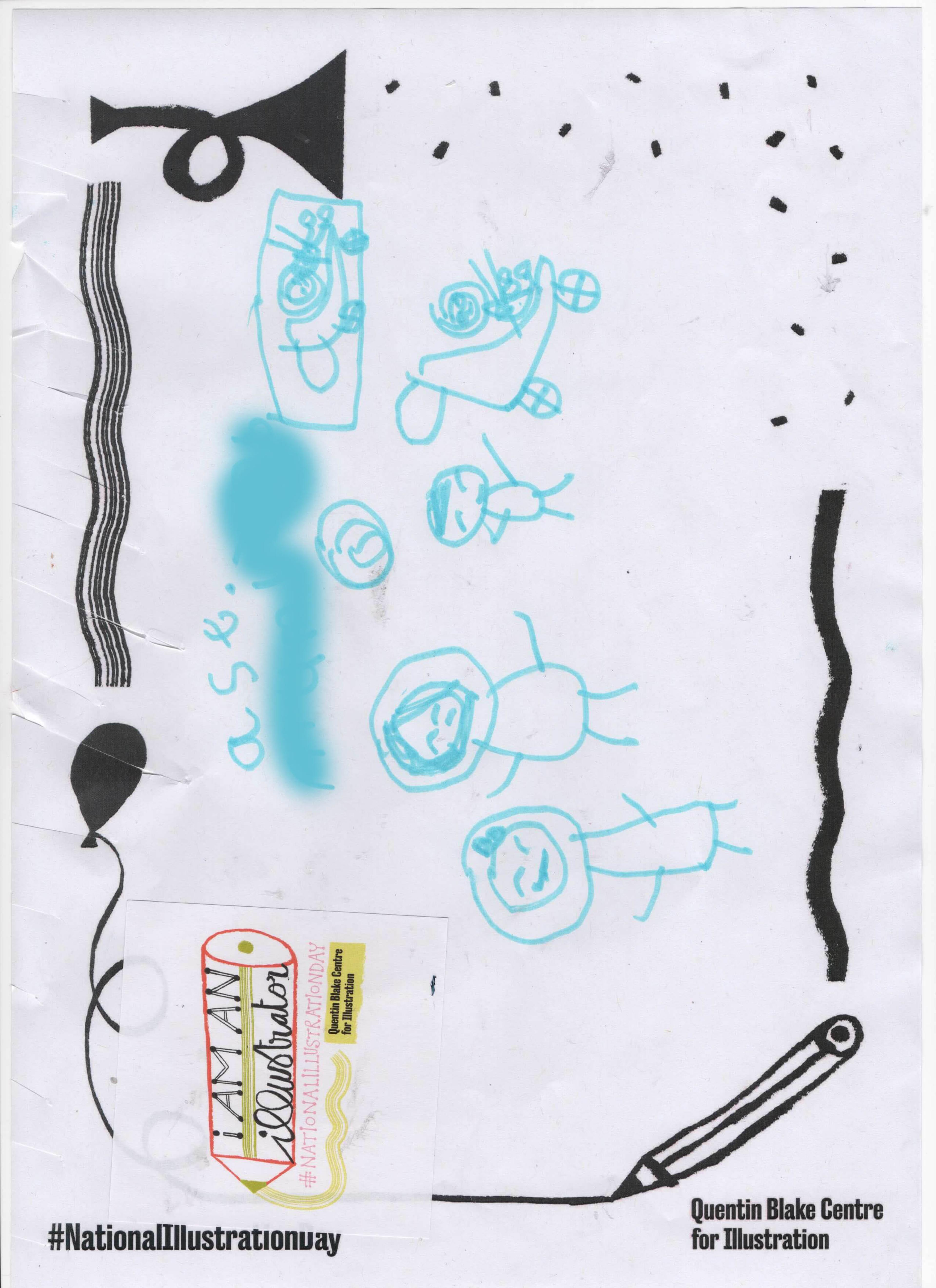 Drawing of a family with two parents, a child and two small children in prams, entirely drawn using a light blue marker