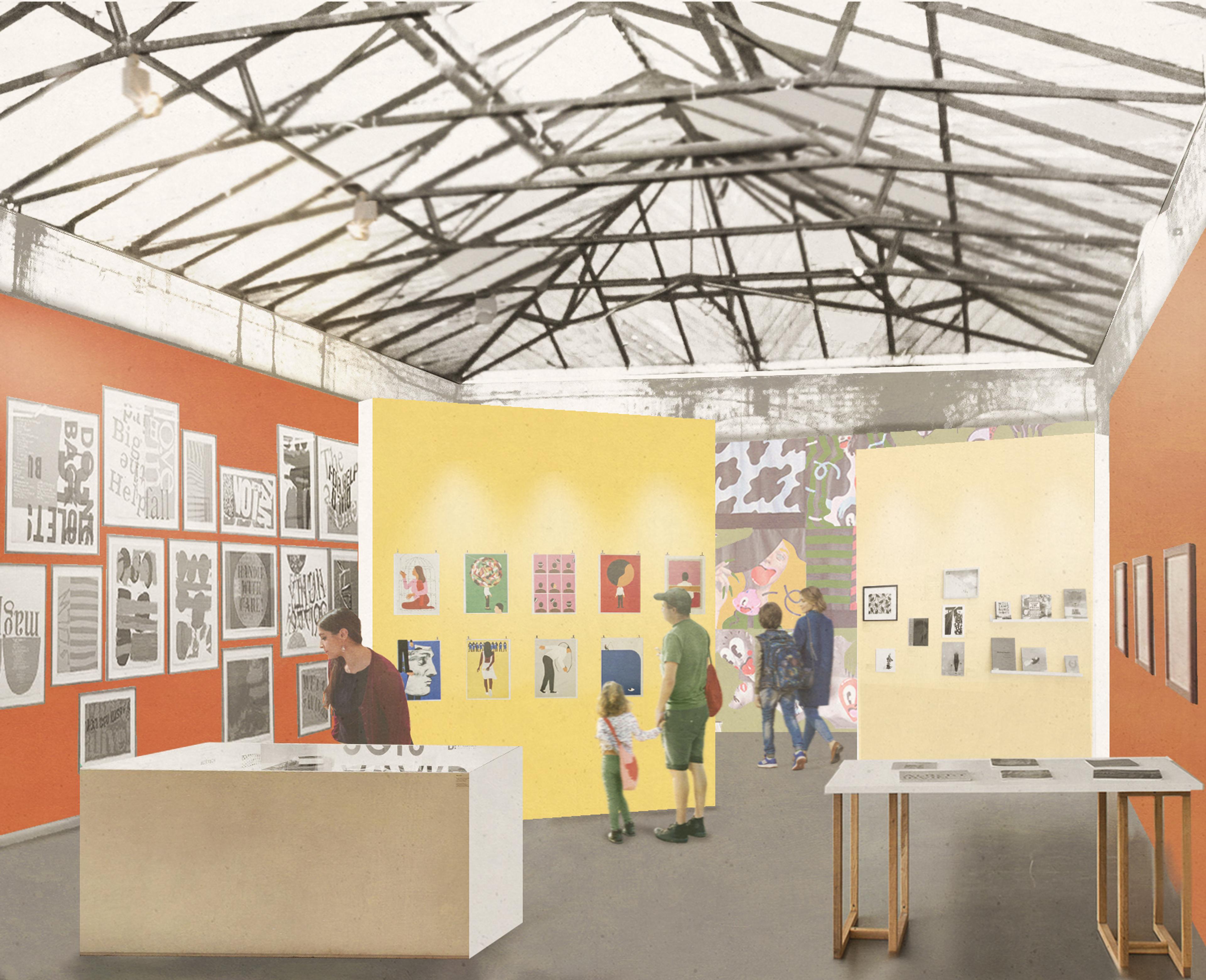 Rendering of exhibition space with exposed roof trusses