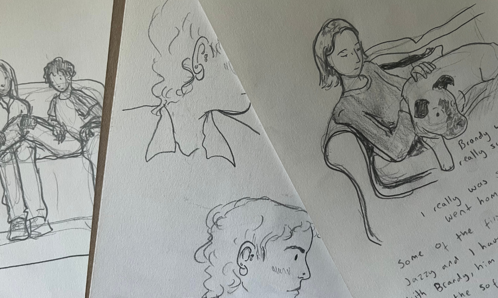 Three pencil sketches on white paper: one of two figures sitting on a couch with a dog, another sketch of a profile of a person with curly hair, and a third sketch of a person with their arm around a dog on a couch.