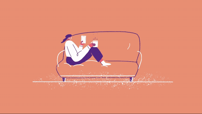 An illustrated person sits on a sofa with a hot drink looking at her smartphone. The camera zooms in to her phone and a series of characters step out of it in a fun and playful way.