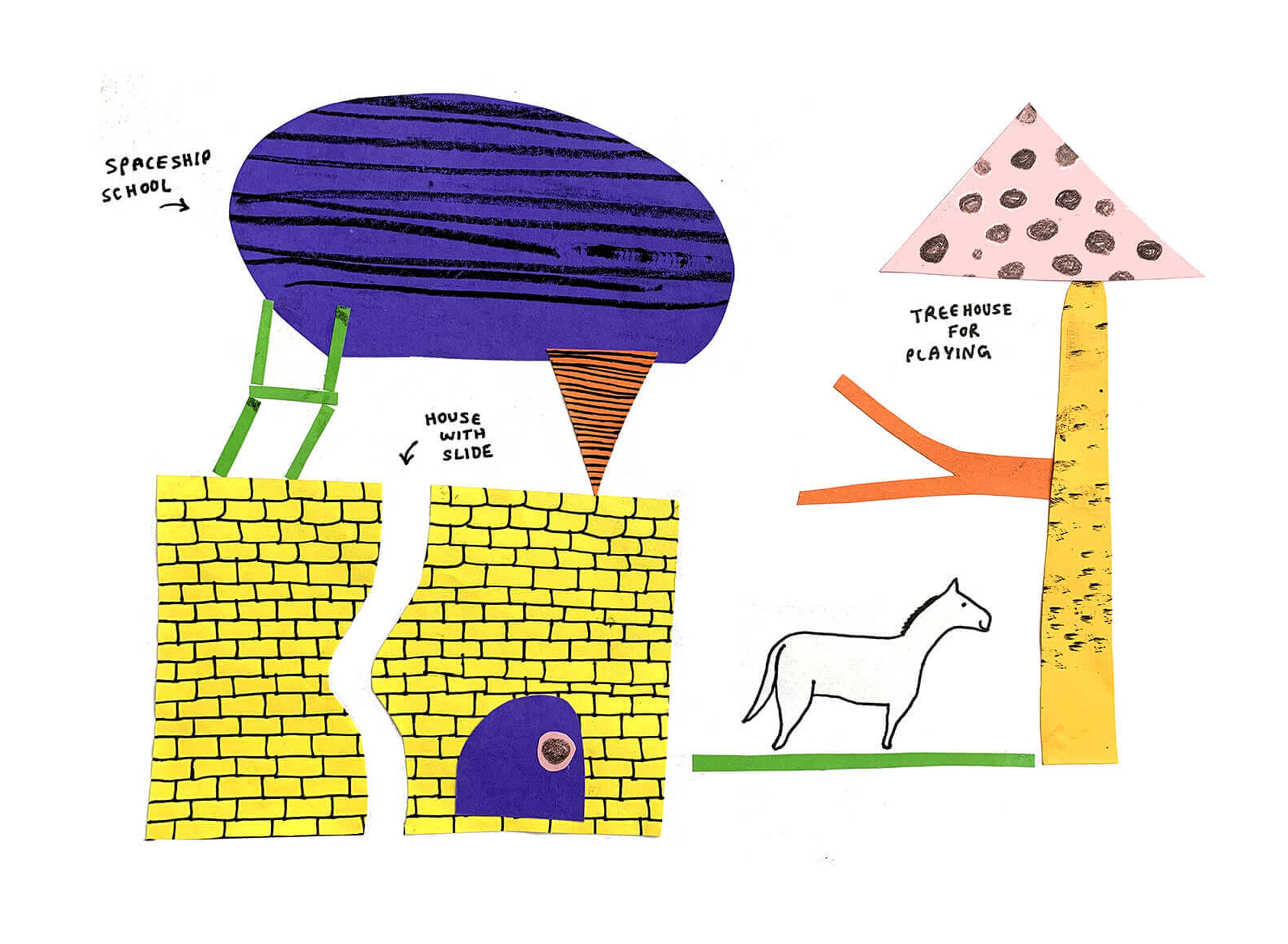 Collage showing a spaceship on top of a house with a slide, with a horse and a treehouse