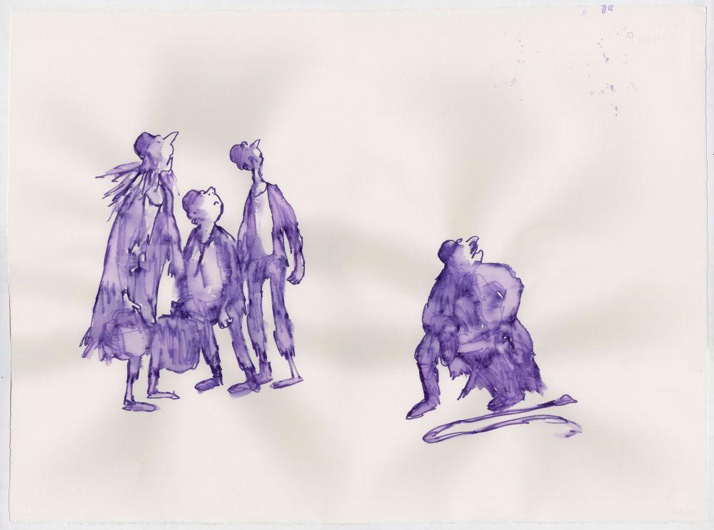 A purple watercolour of three figures stood next to a man crouched on the ground. They are all looking up at something.