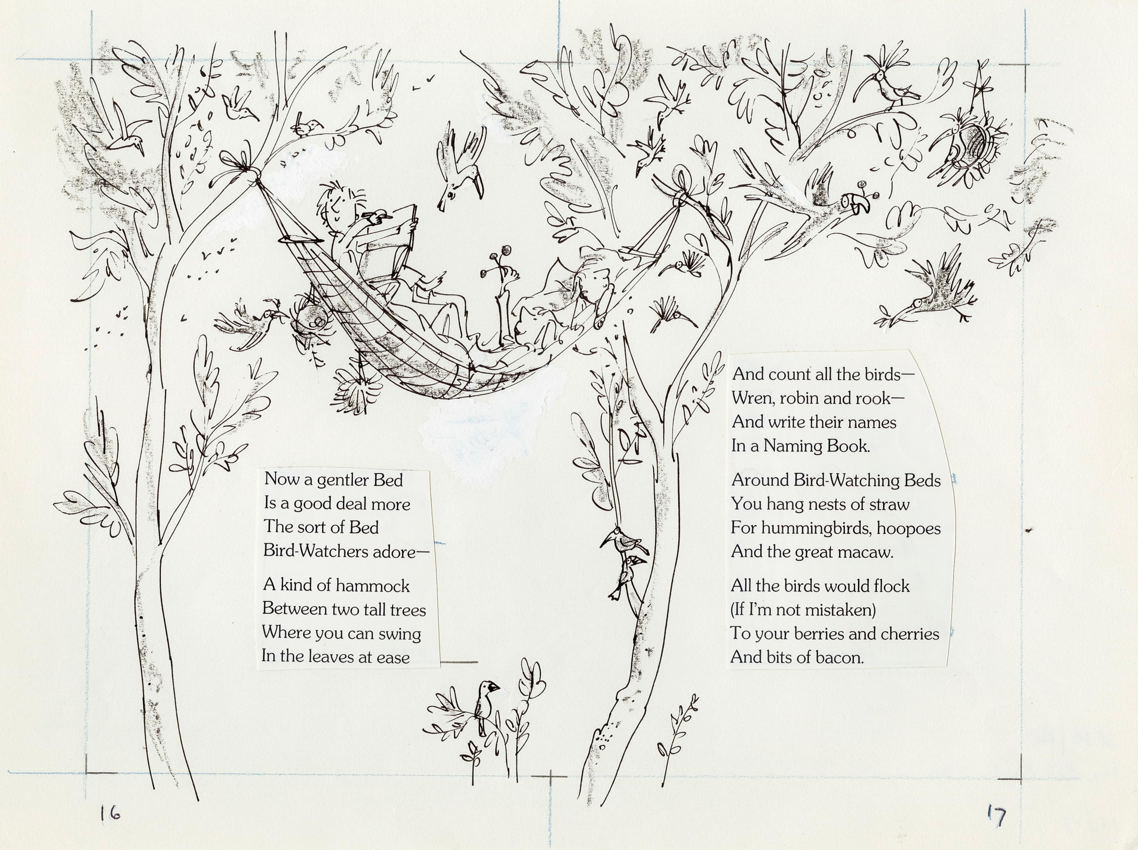 Page layout with illustration of children in a hammock surrounded by birds