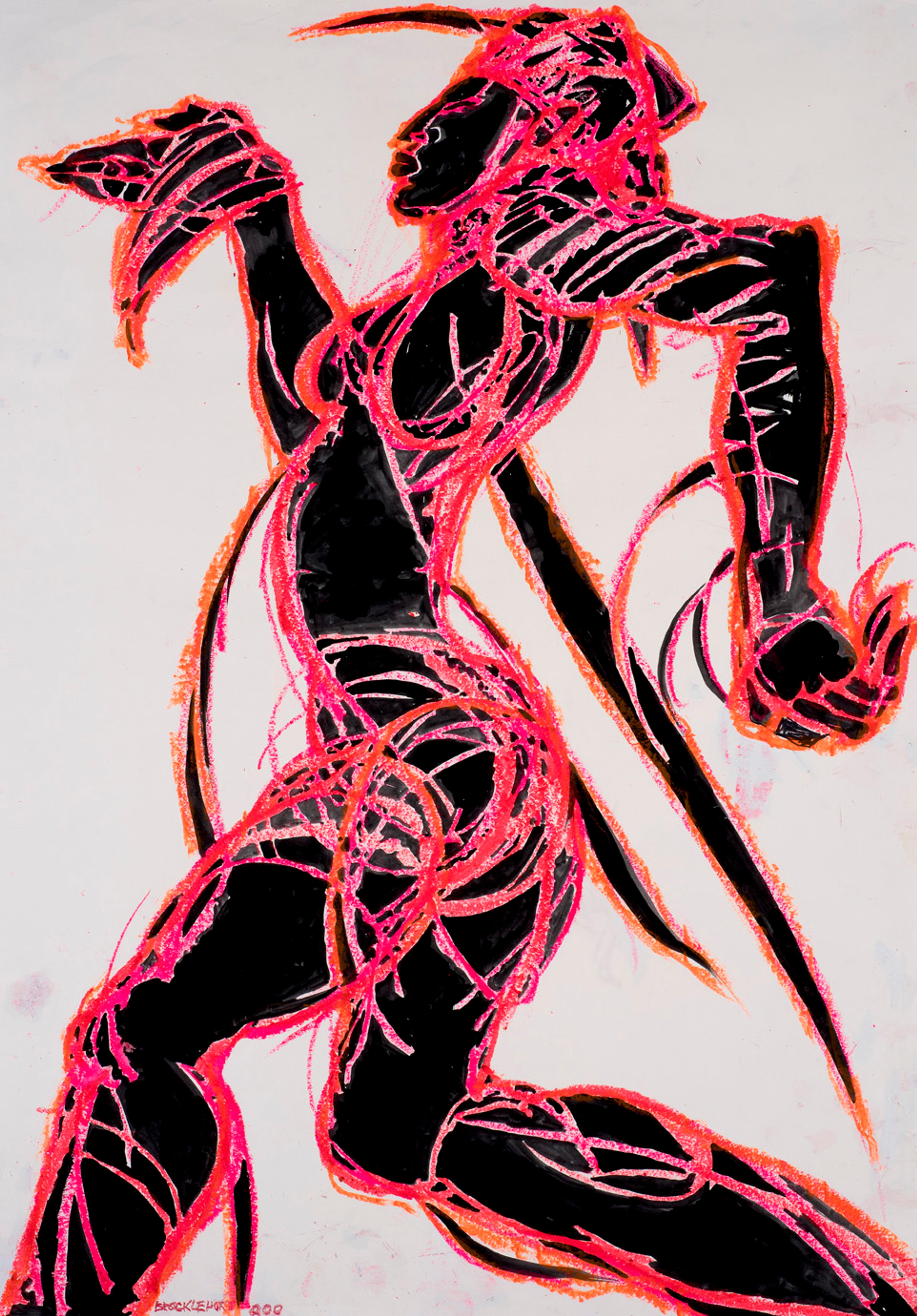 A drawing of a person dancing dressed in a black bodysuit, gloves and hat. The whole figure is coloured black and drawn with pink and orange lines on white paper.