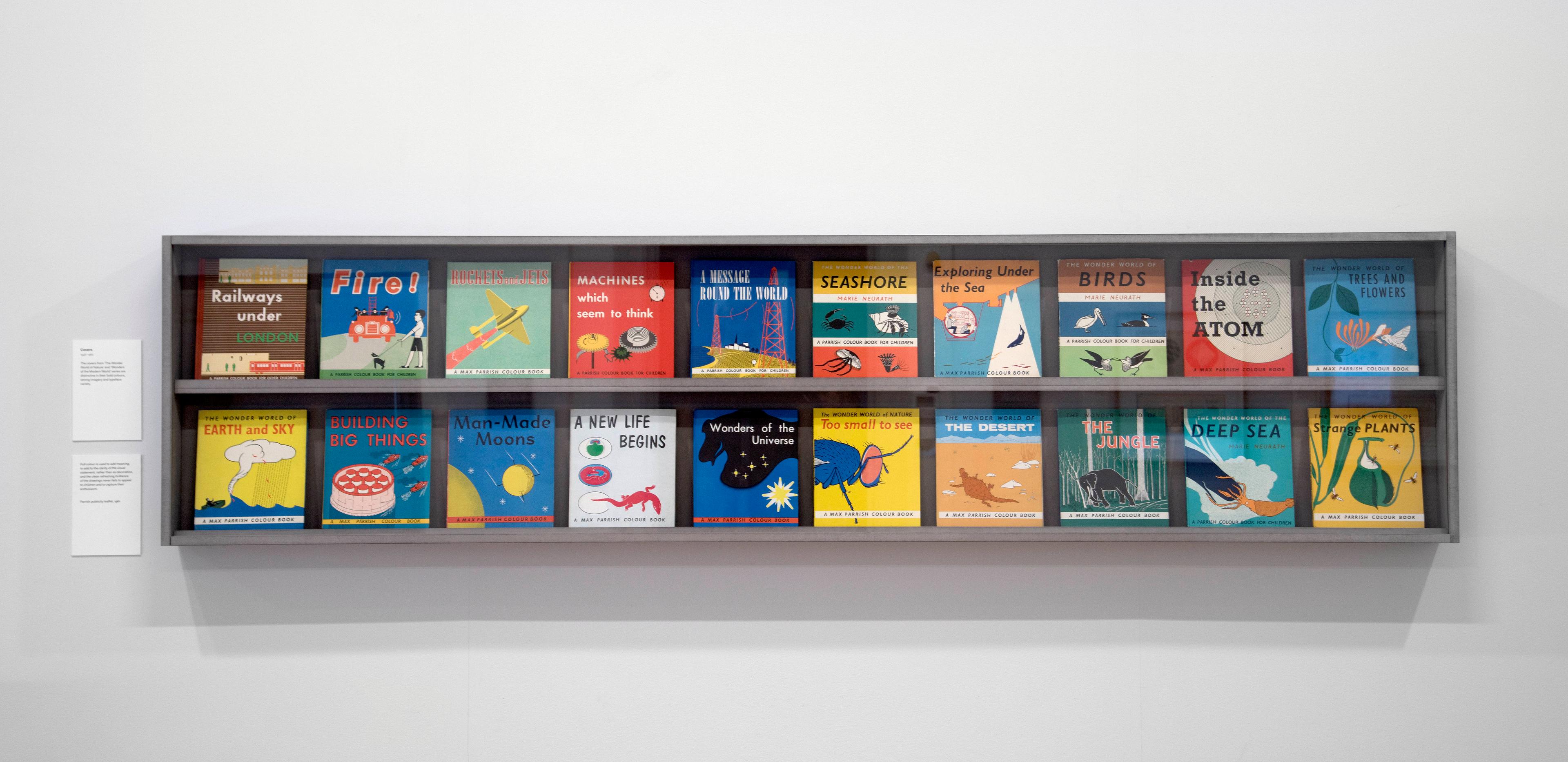 Display of book covers from the exhibition