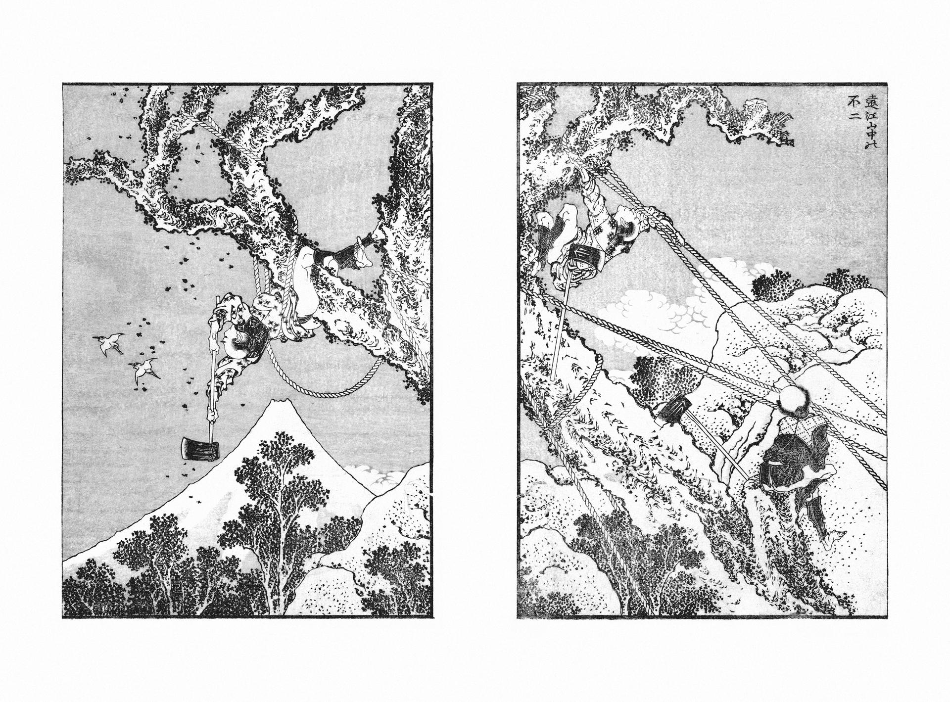 A black and white print of a group of people hacking away at a large tree. An outline of Mount Fuji can be seen in the distance.
