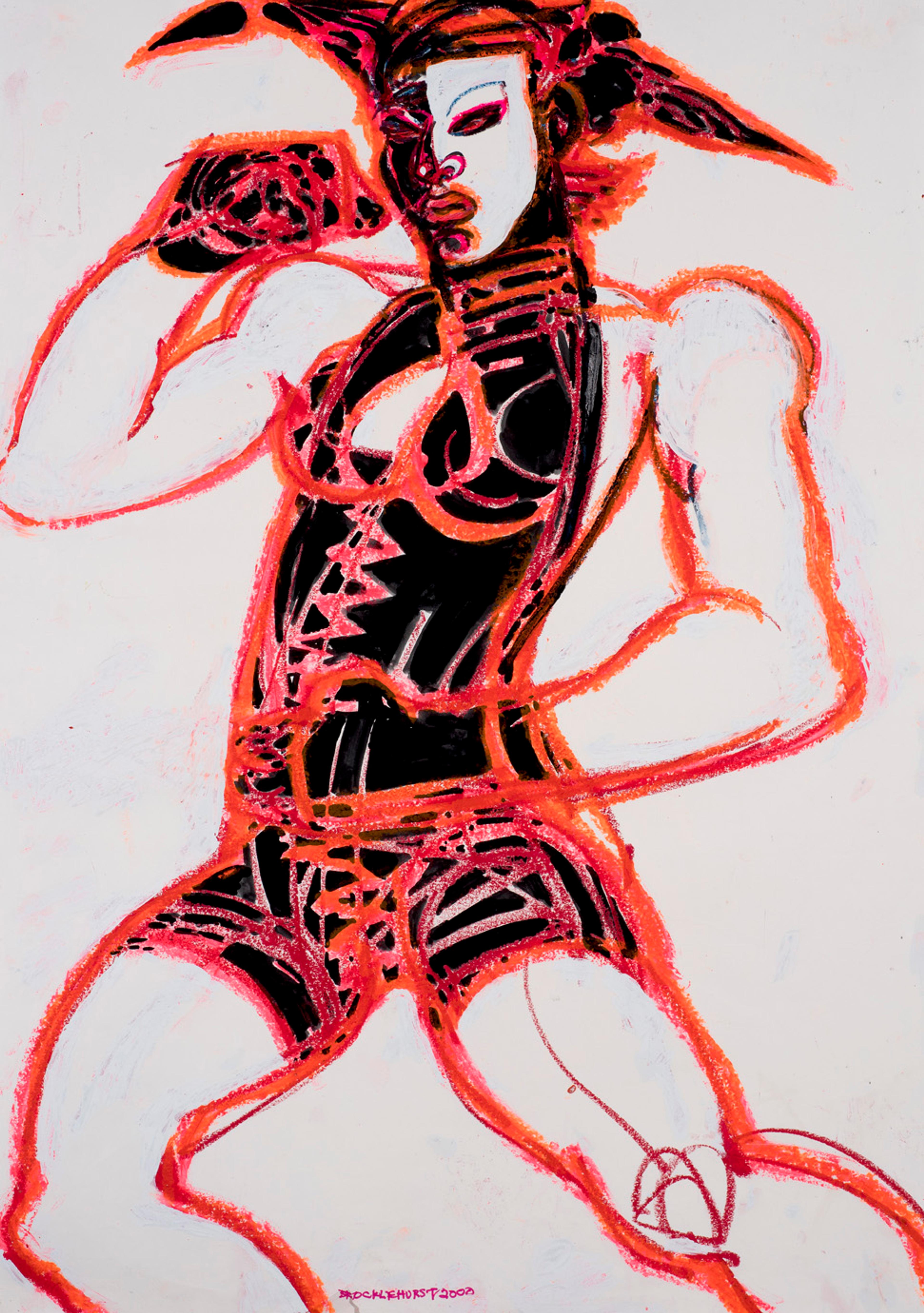 A drawing of a person dancing dressed in a black bodysuit, gloves and hat. They are drawn with red and orange lines on white paper.