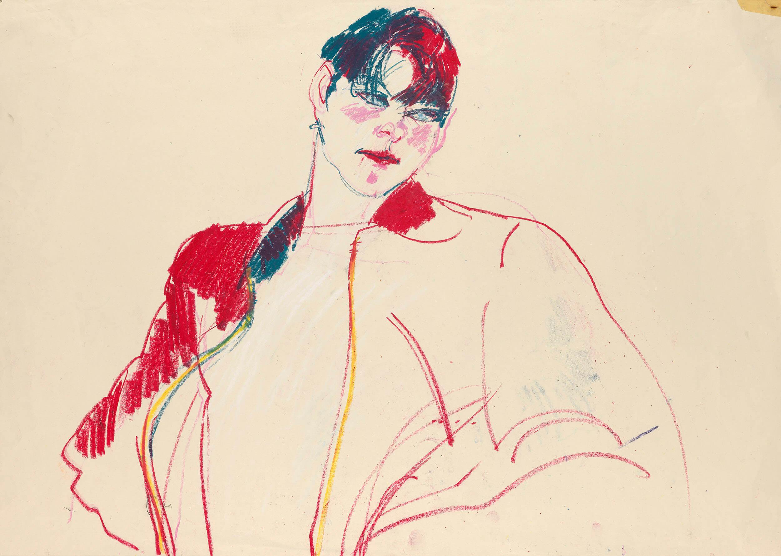 Drawing of a person with short hair and an oversized jacket drawn in red and blue line
