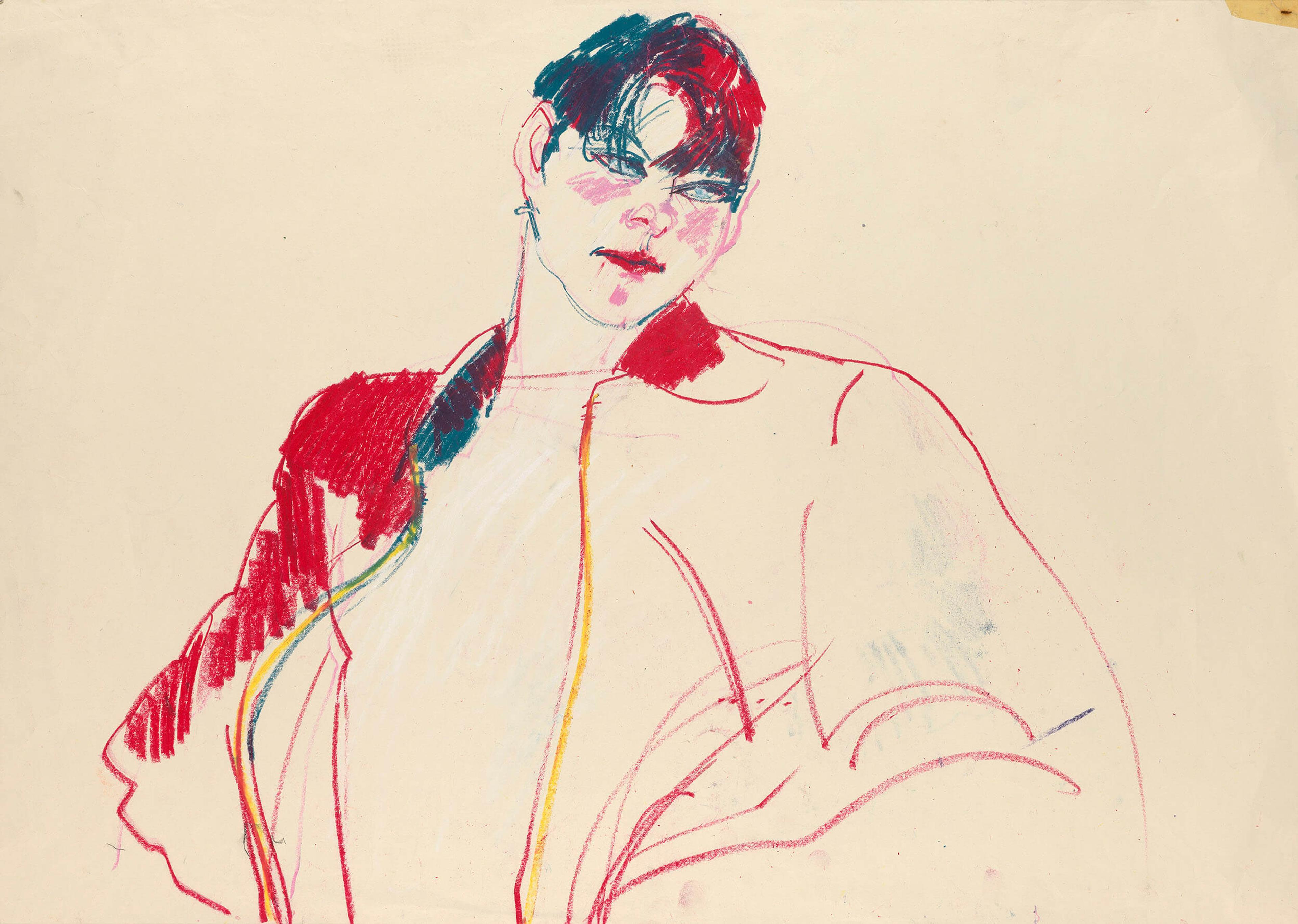 Drawing of a person with short hair and an oversized jacket drawn in red and blue line