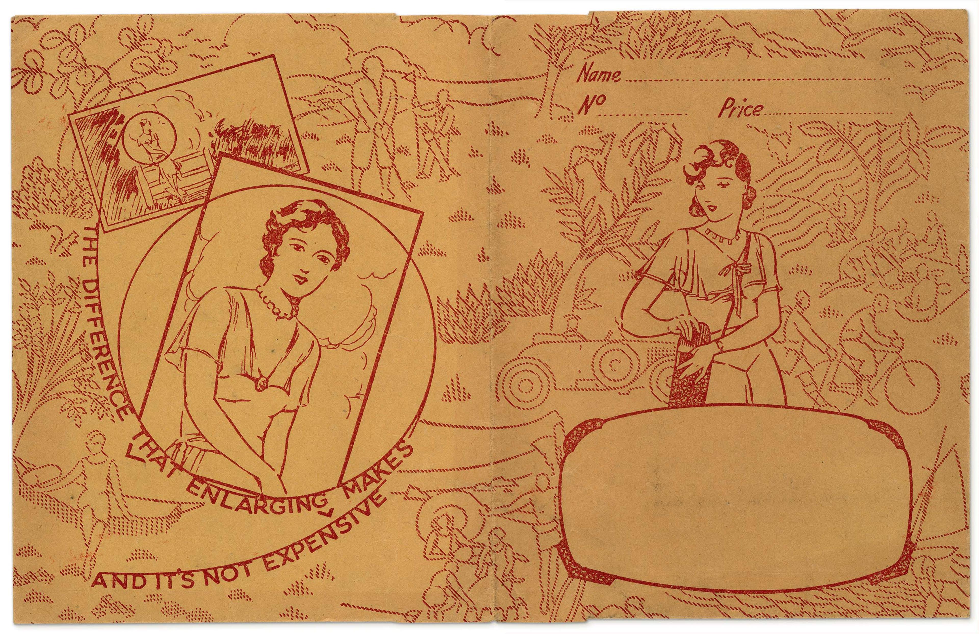Photo of a beige envelope with red illustrations of the same person twice, with a background of people enjoying golf, cycling, sand castle building, relaxing and sailing.
