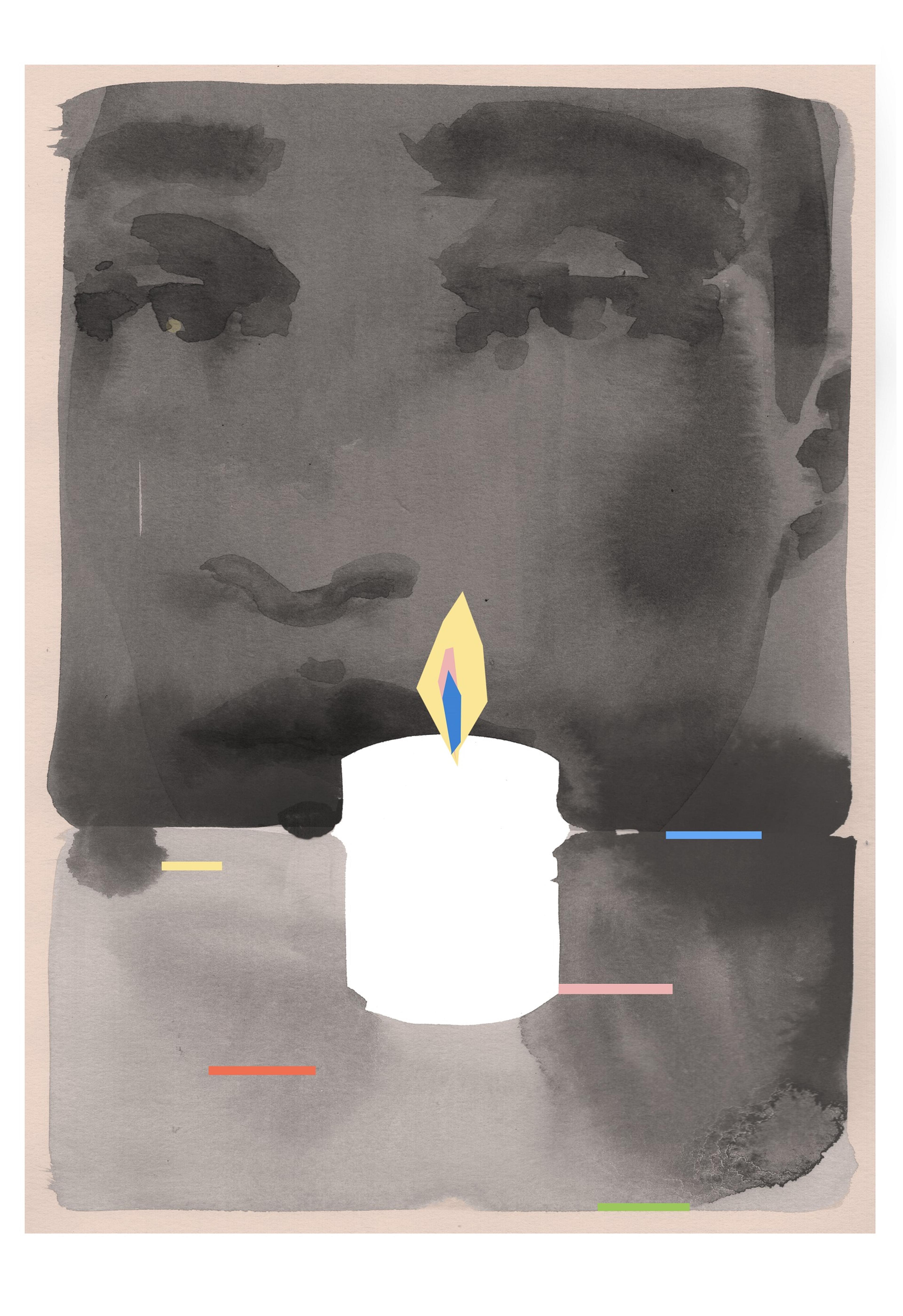 Illustration of a face looking at a candle from the shadows