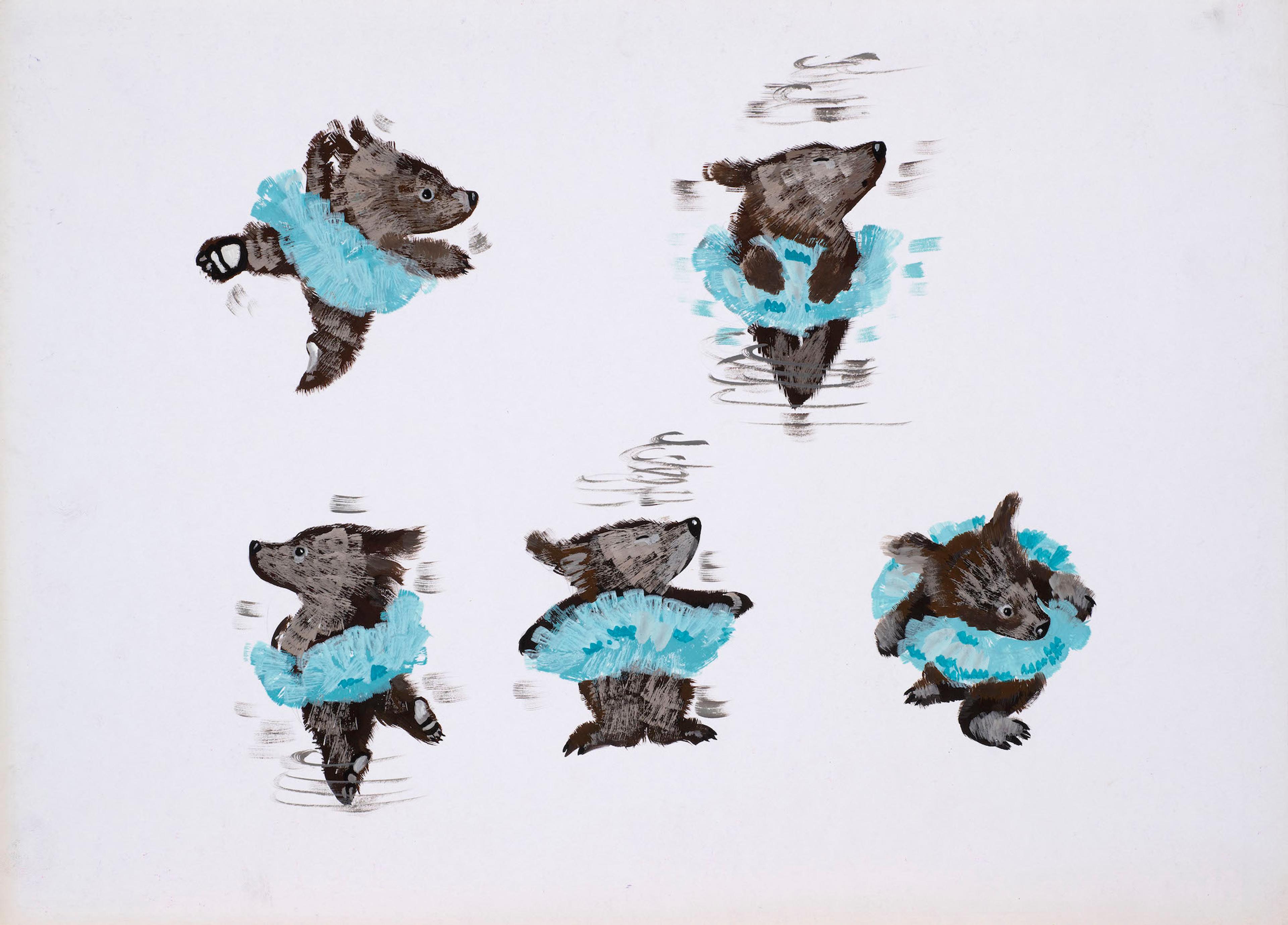 Illustration of a bear dancing in a blue tutu in four scenes