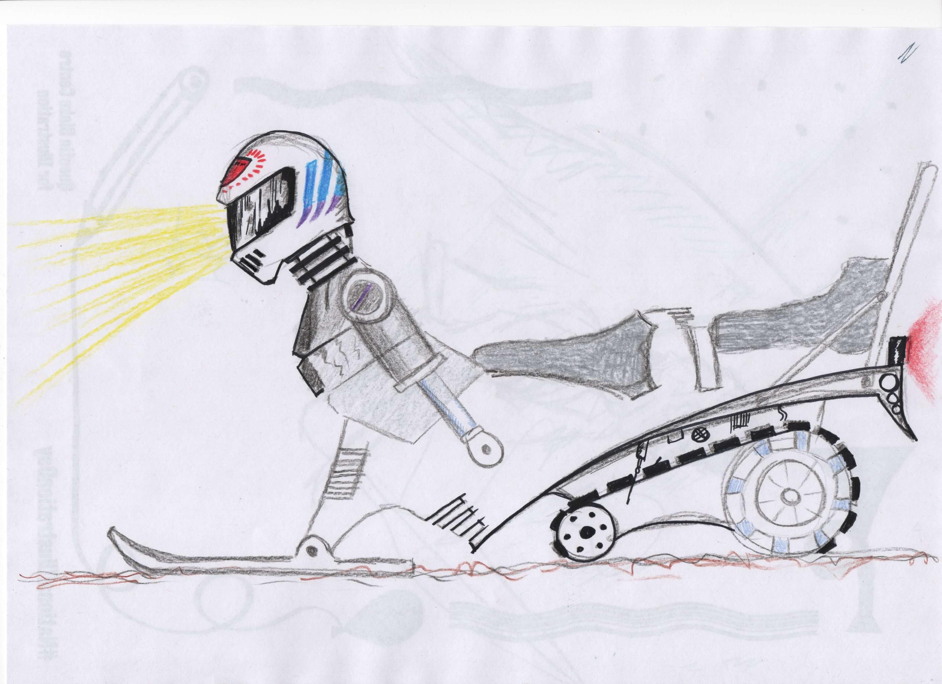 Pencil drawing of a cyborg wearing a biker's helmet.