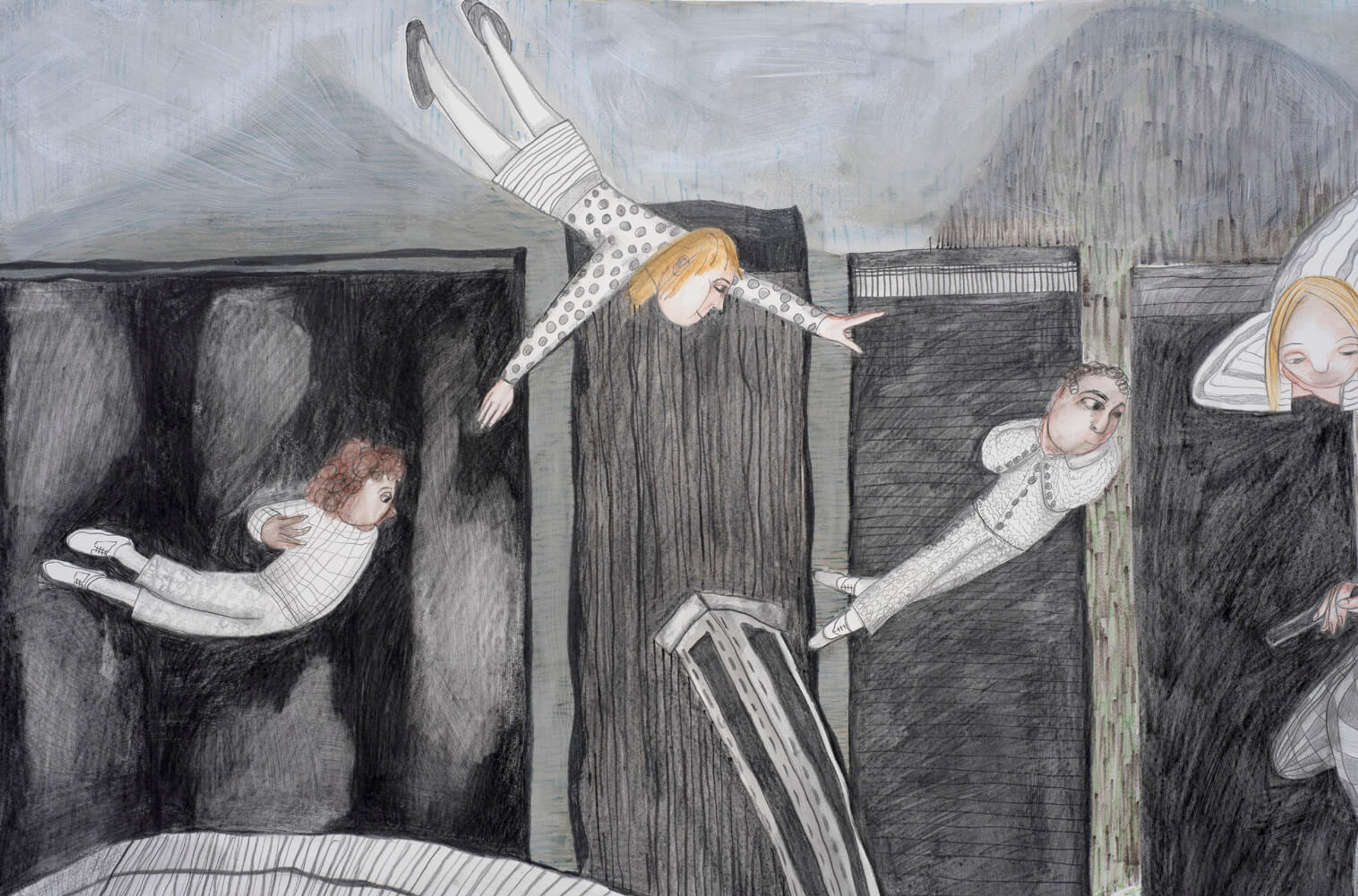 Textured and atmospheric drawing of floating people, rendered in dry media.