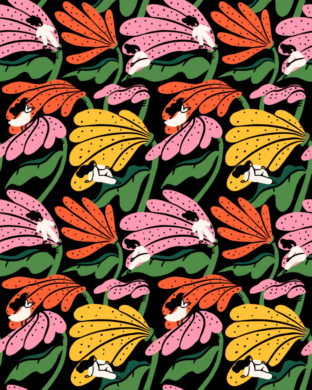 A pattern of flowers moving in the breeze with women sitting on the petals and leaves.