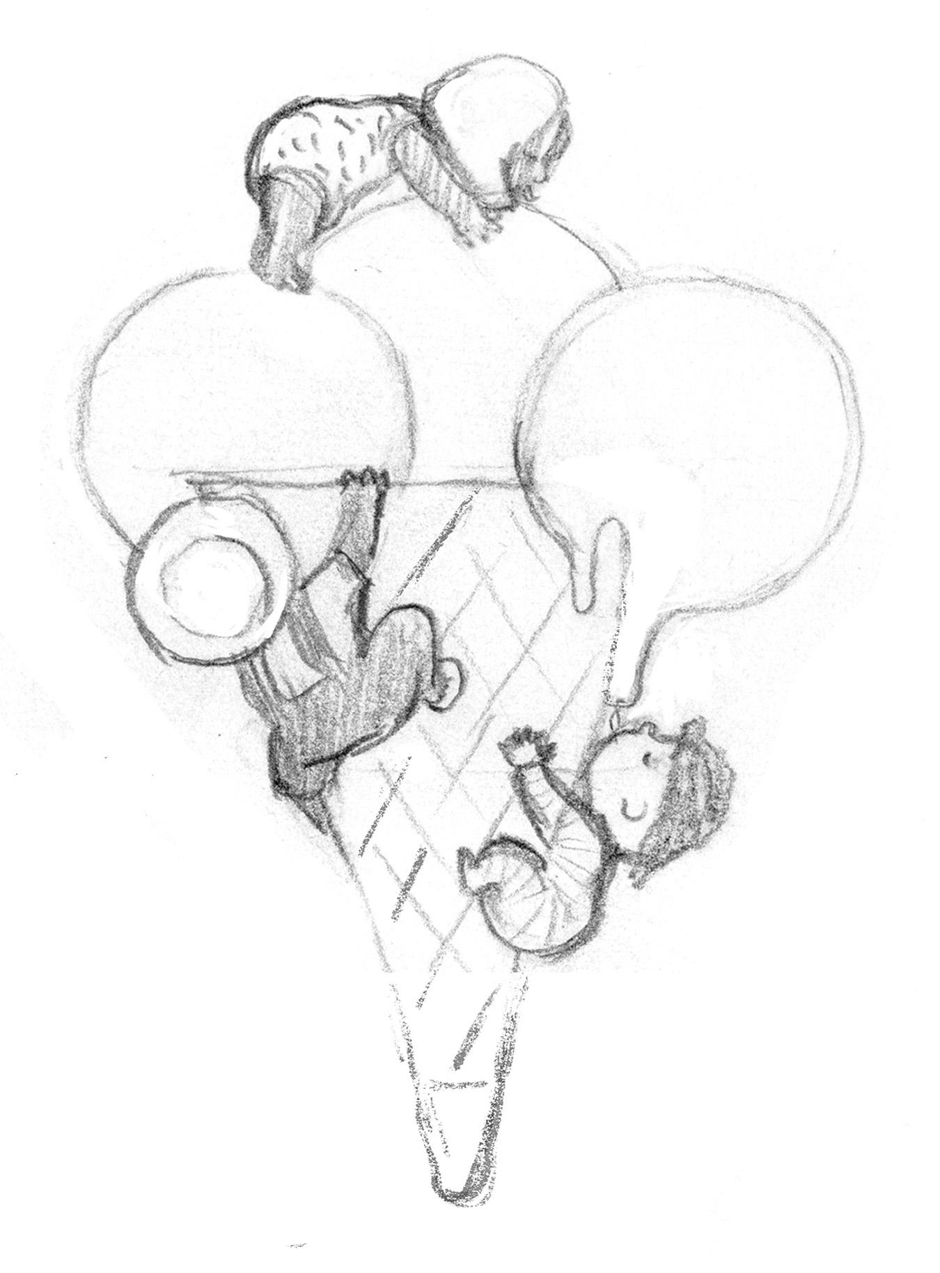 A pencil sketch from Claire Alexander children's book work. It shows a big ice cream cone with three babies climbing on it.