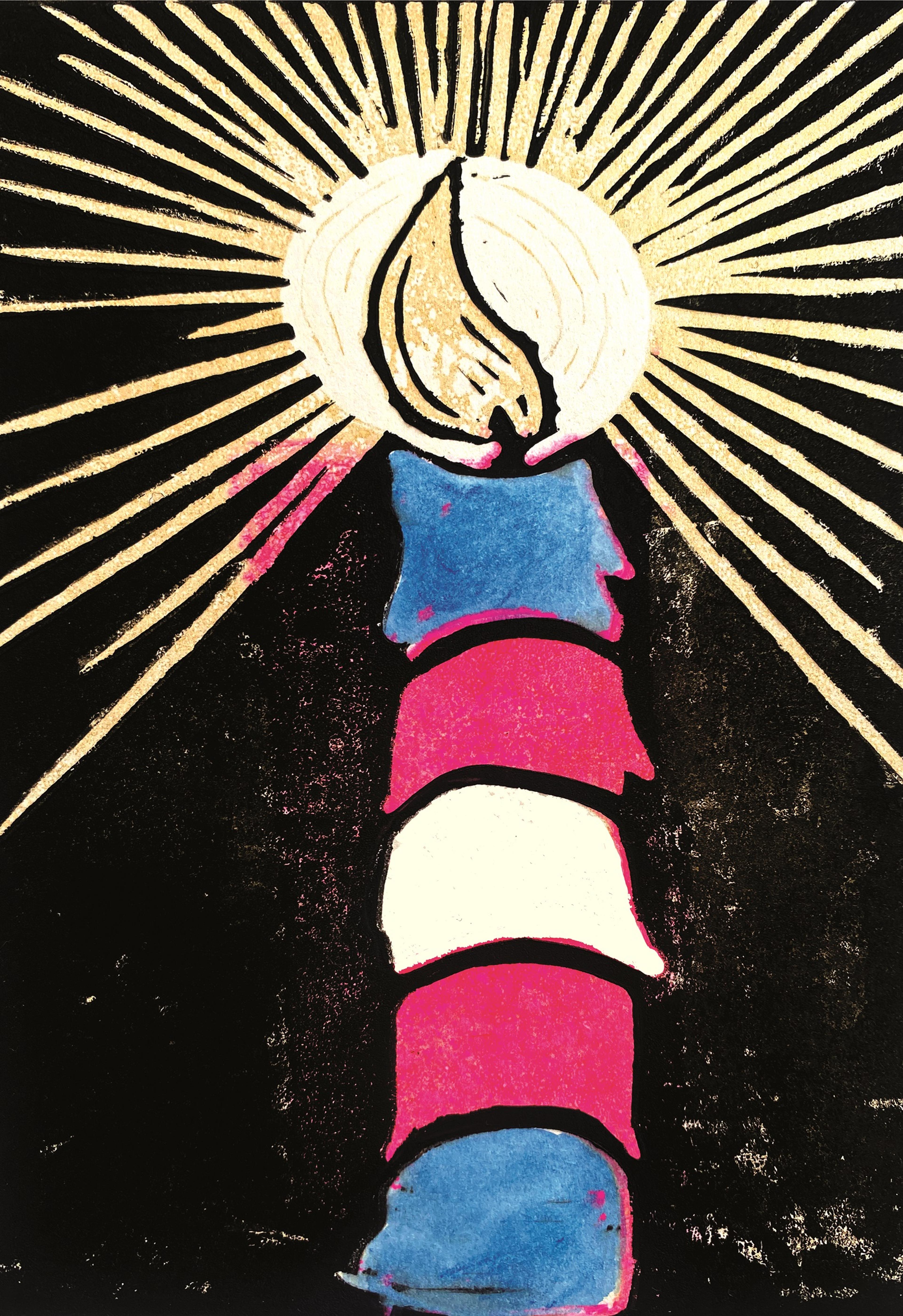Illustration of a pink and blue striped candle with a starburst flame