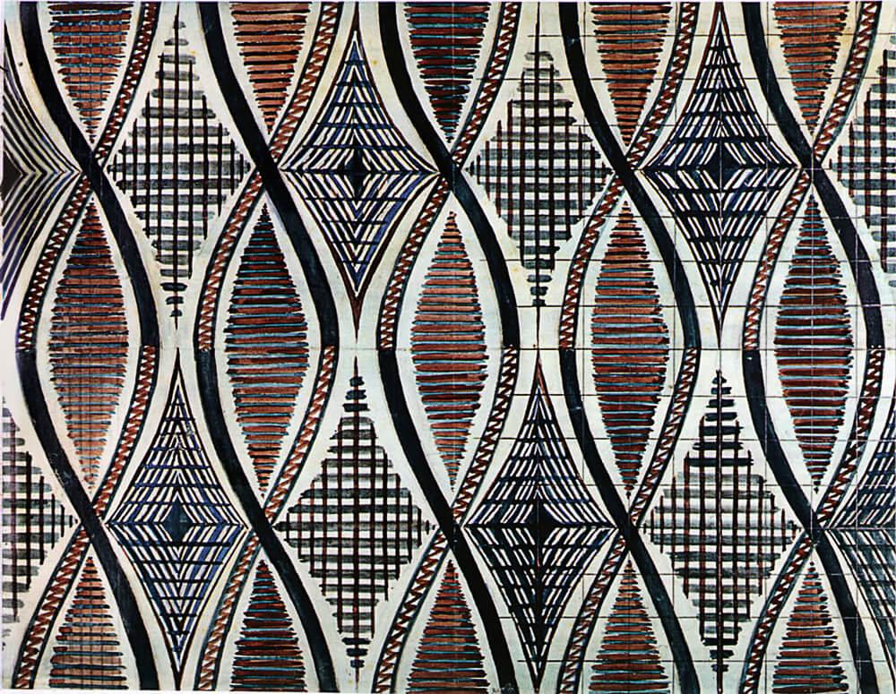 An intricate wavy black, white and red pattern