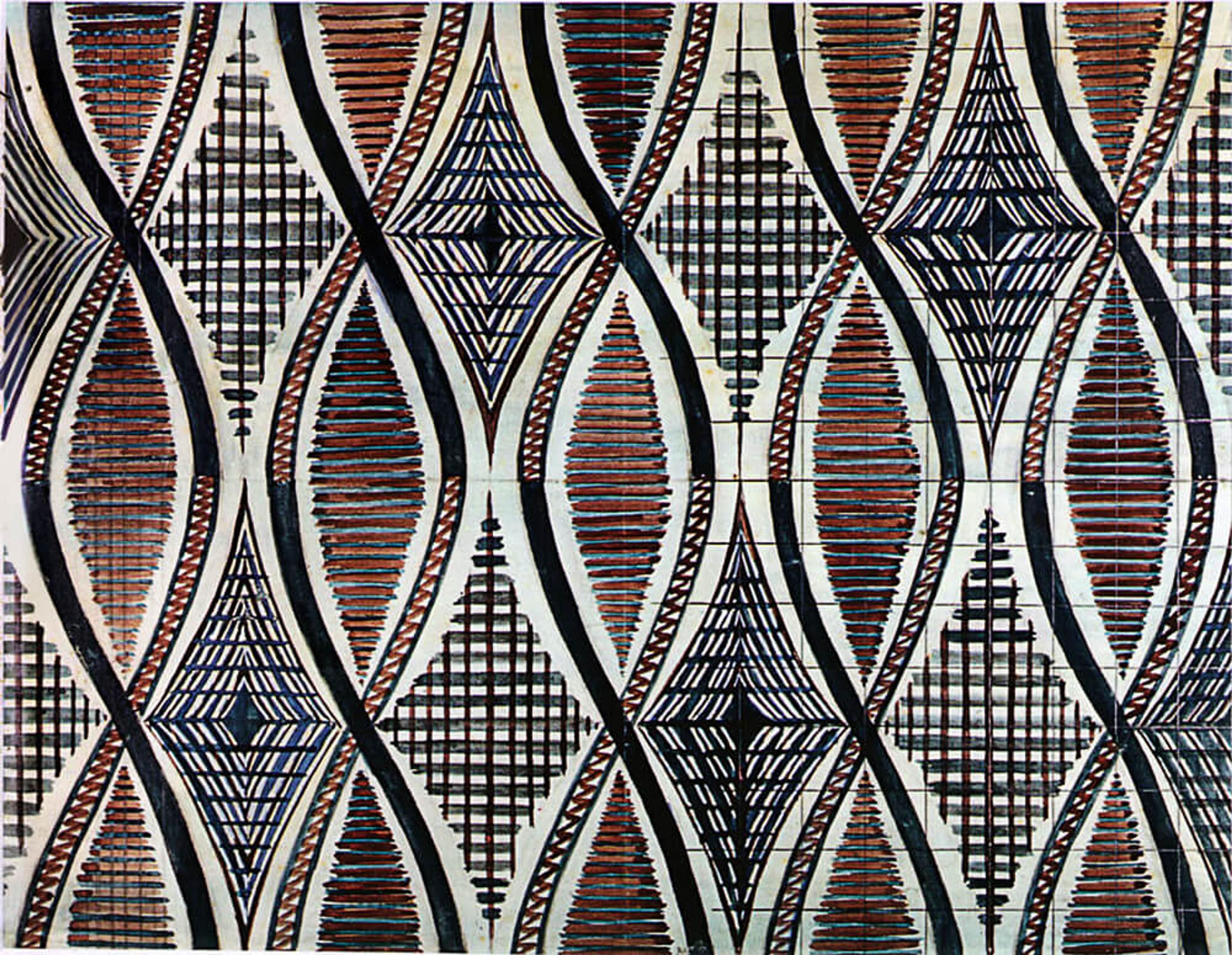 An intricate wavy black, white and red pattern