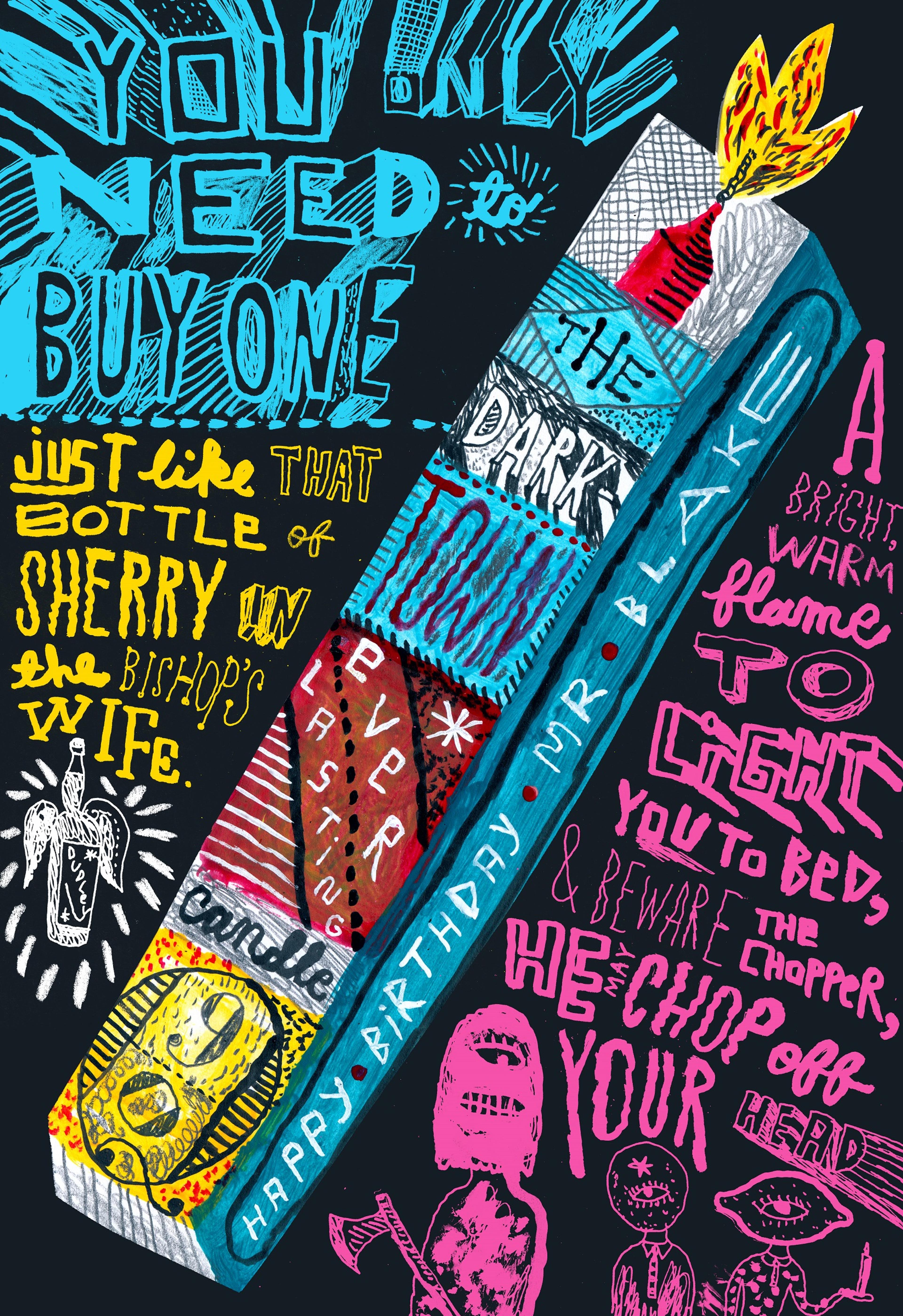 Illustration of a boxed candle, labelled 'The Dark Town everlasting candle'