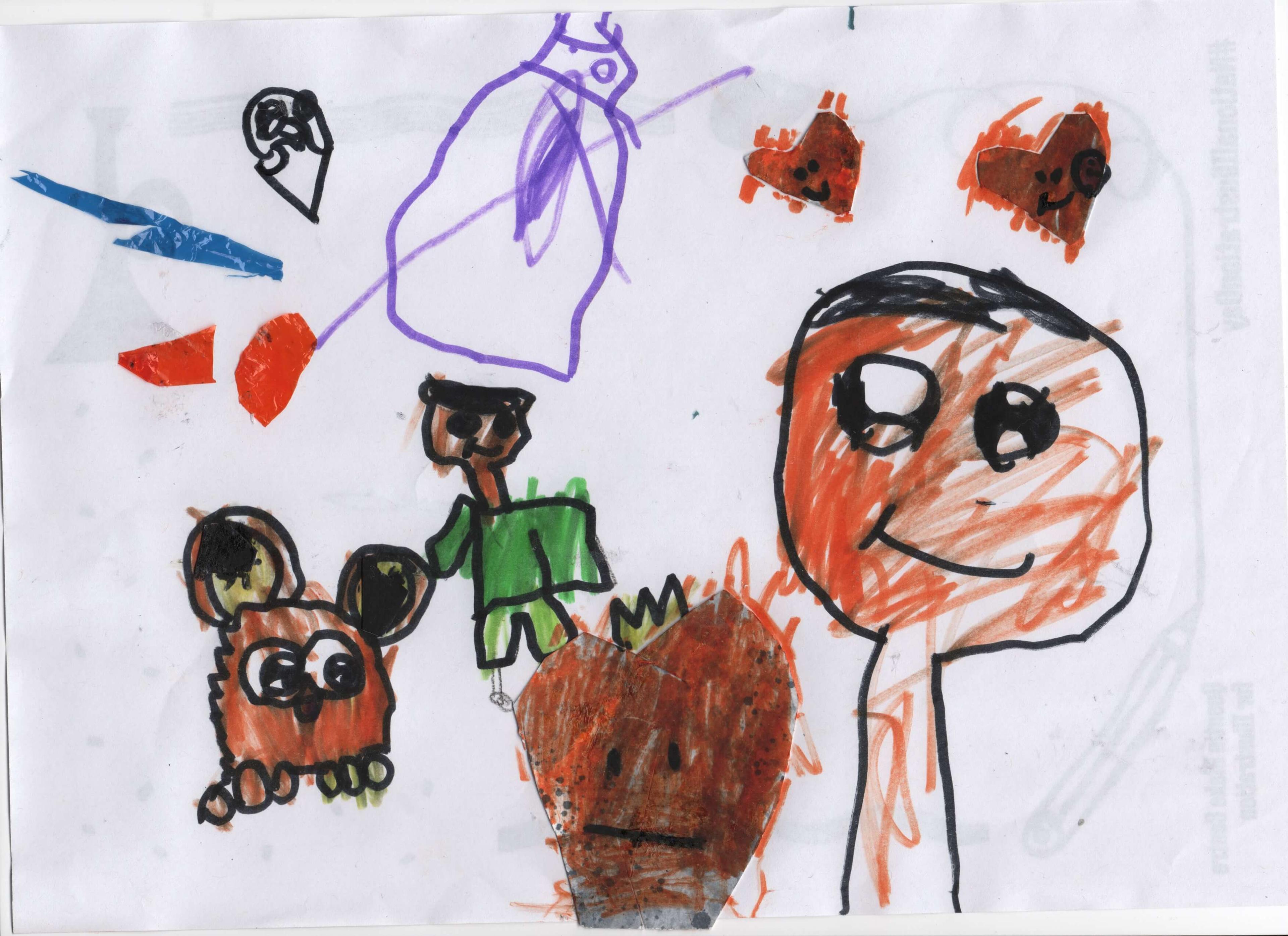 A variety of drawings with bold outlines including a child, a heart wearing a crown and a small animal, perhaps a mouse