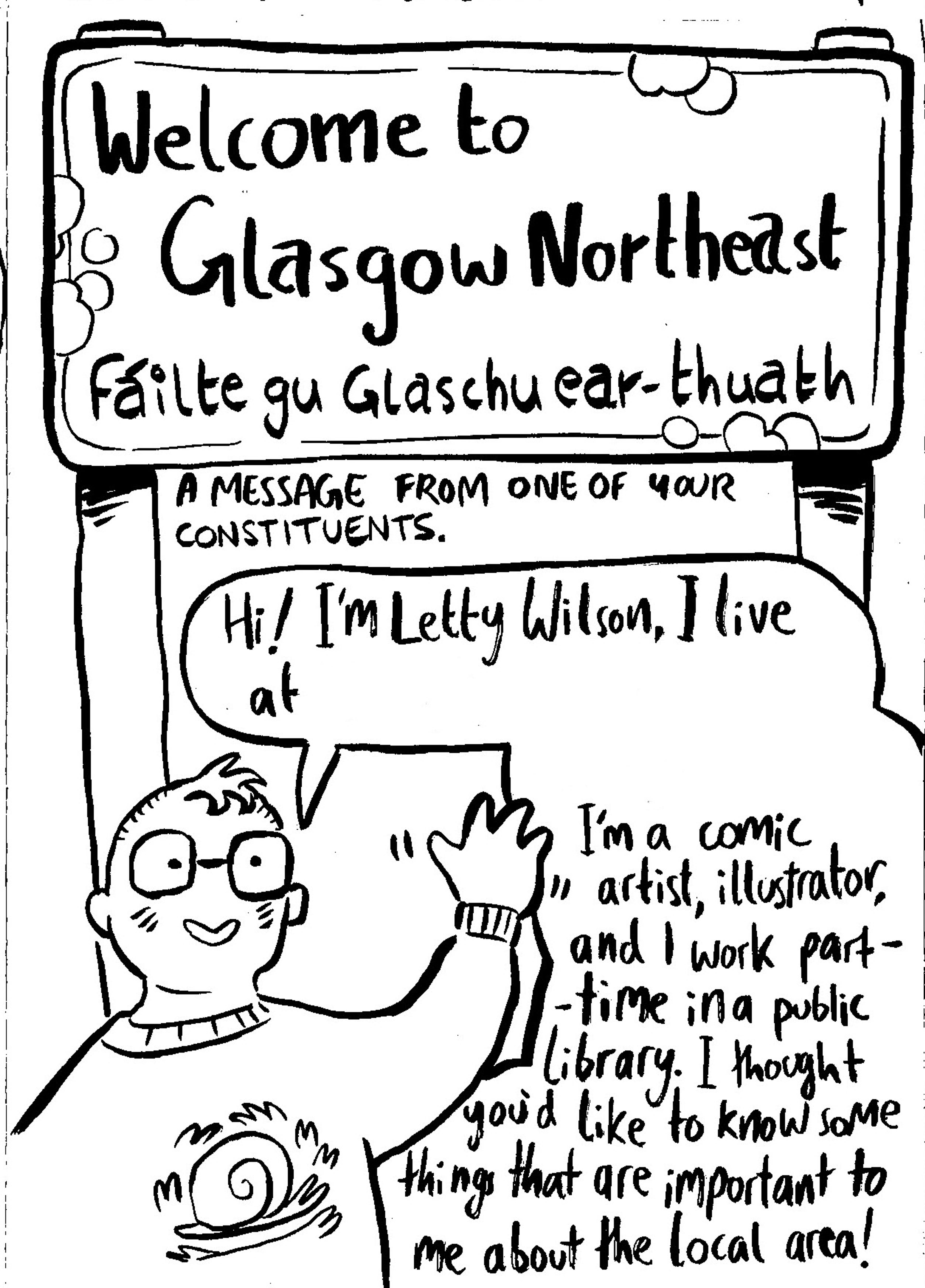 Front of a comic with an illustration of a person, they are smiling and waving. The title of the comic is 'Welcome to Glasgow Northeast' and the text is Letty Wilson introducing themself to their new MP.