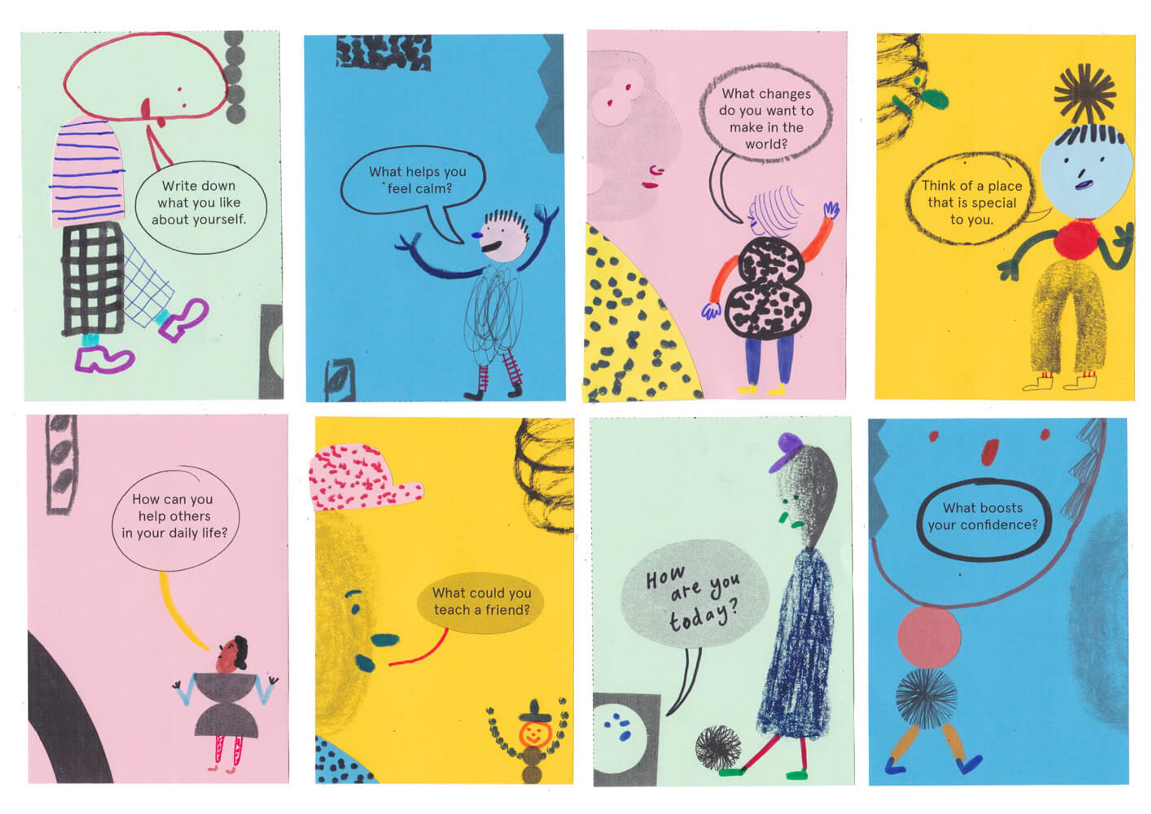 Eight collaged cards in different colours featuring characters and speech bubbles