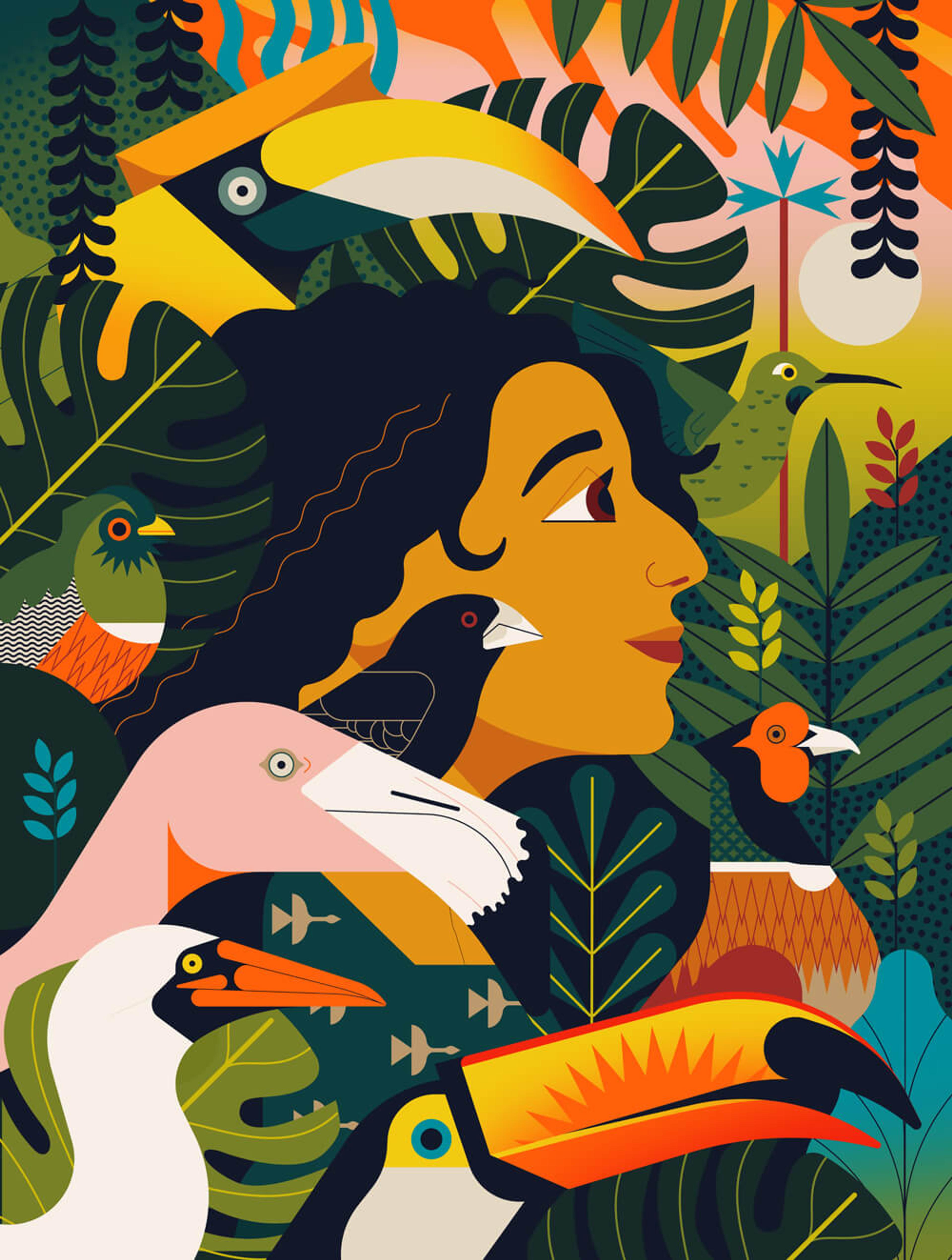 Illustration of a person in profile surrounded by birds looking in the same direction