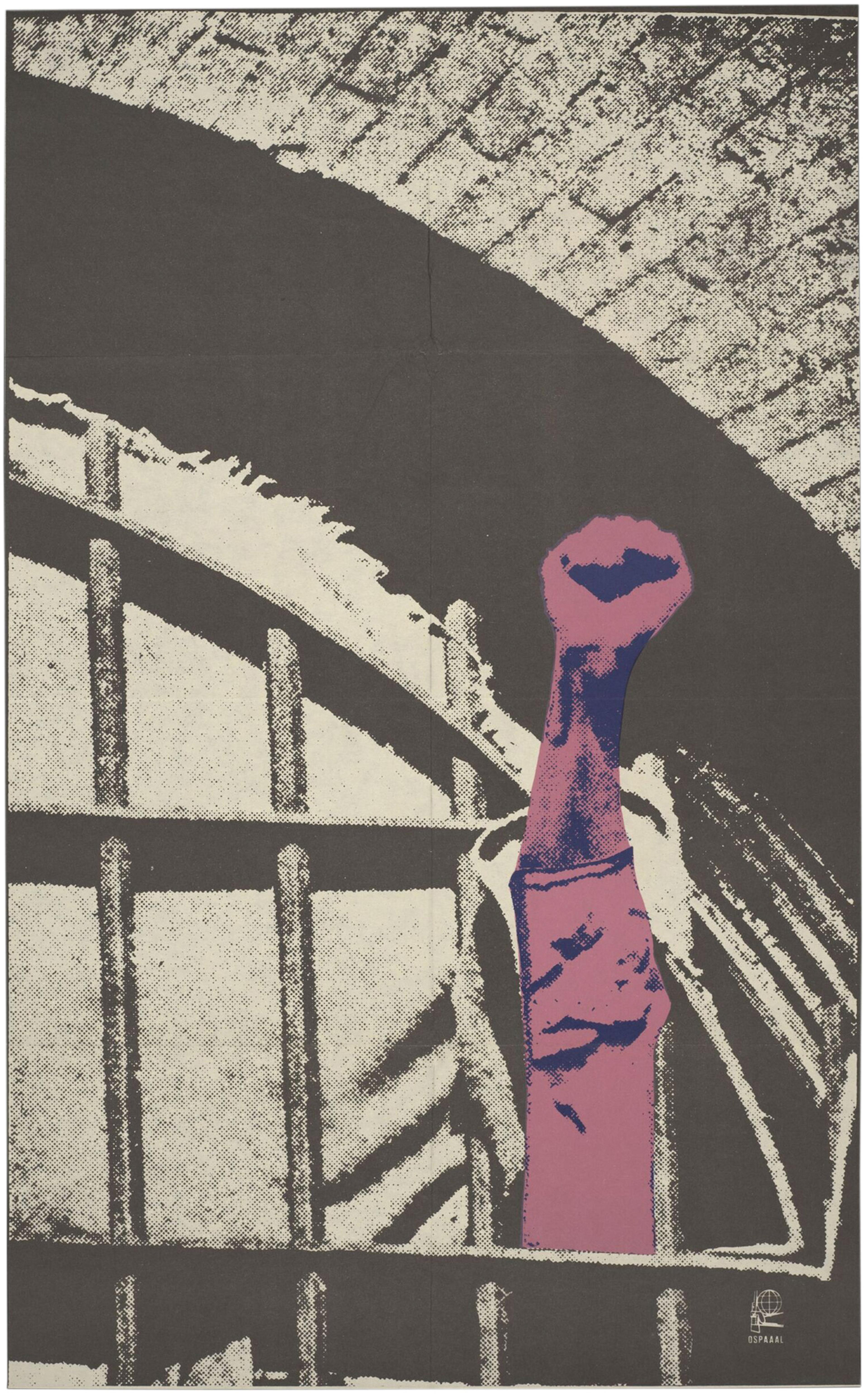 Poster depicting a pink and blue fist raised into the air, with a black and white backdrop of a barred window in a recess.