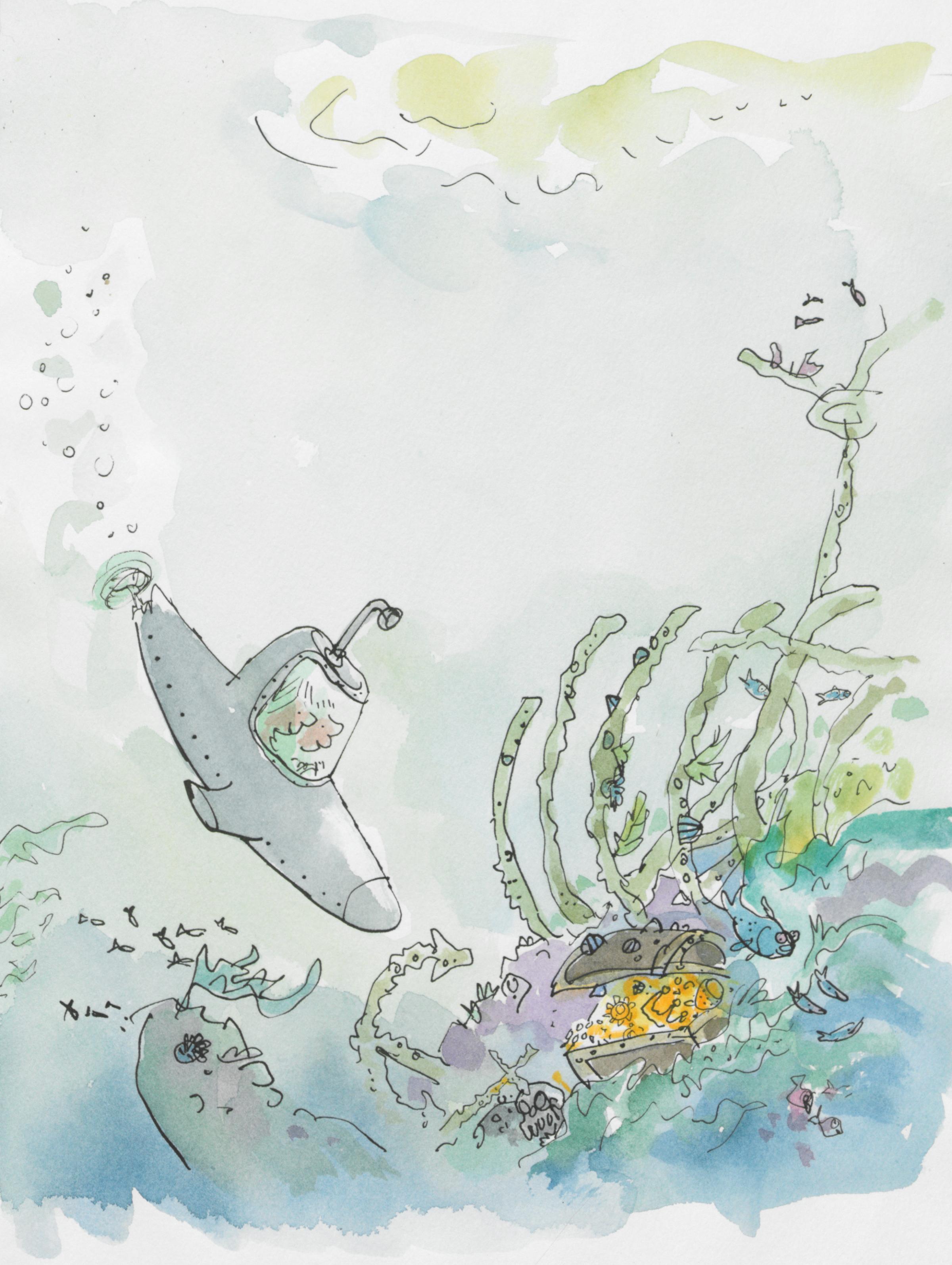 Illustration of two children in a submarine looking at a treasure chest