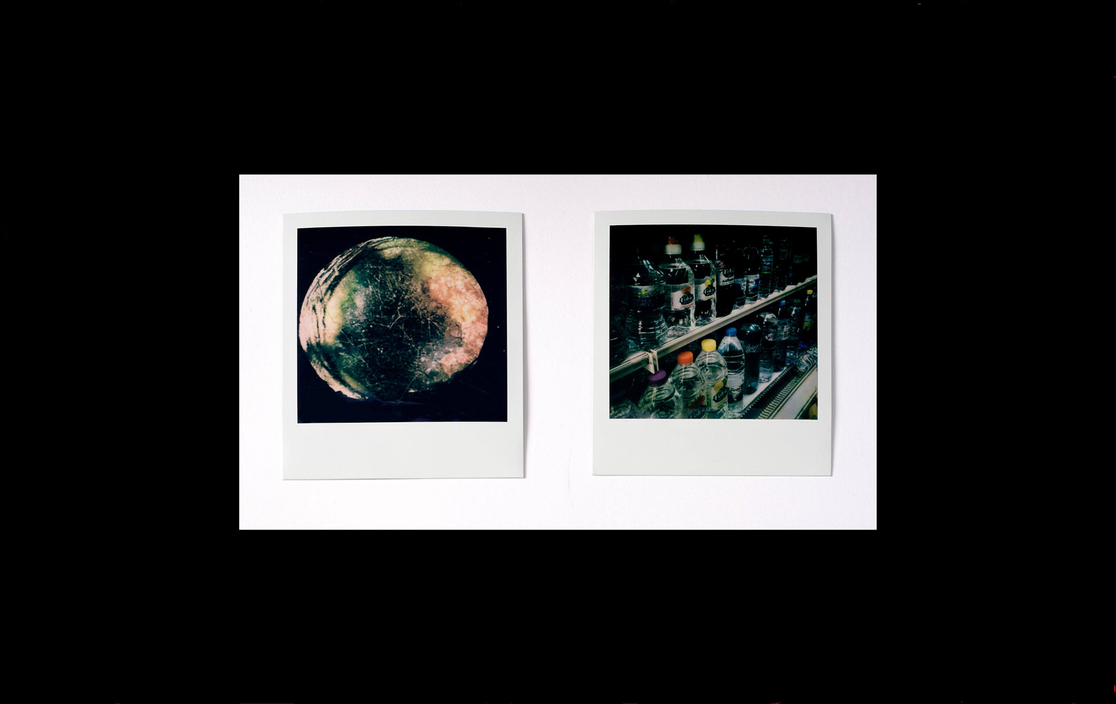 Two poloroid photographs, one of a moon-like well from above and one of a shop fridge filled with bottles of water