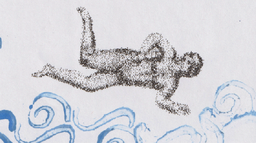 A stamp of a person swimming in a river made of blue swirls.