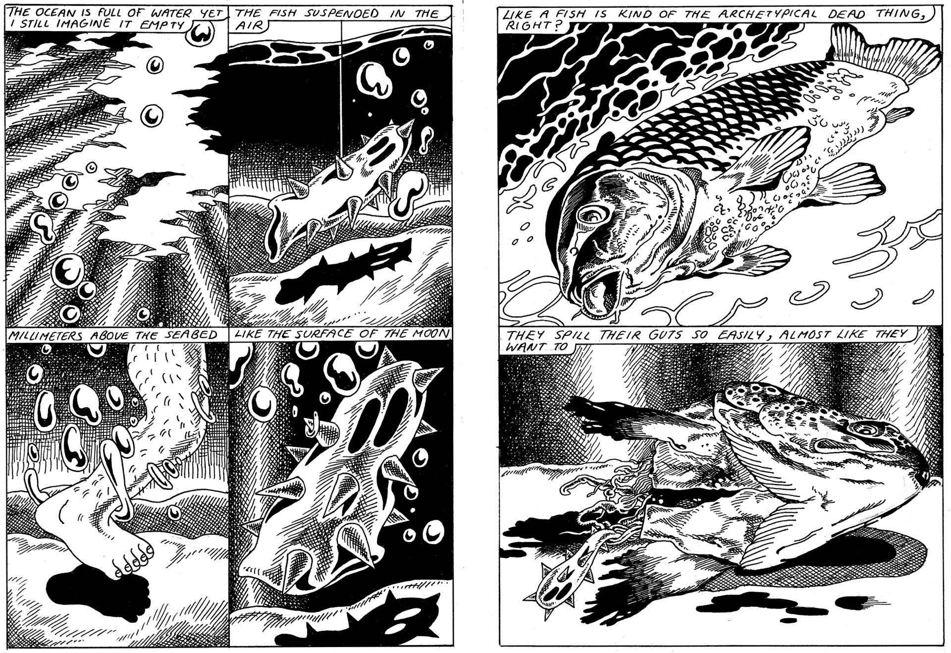 Four panels from a comic in black and white showing water, a surreal figure and a fish lying on the seabed.