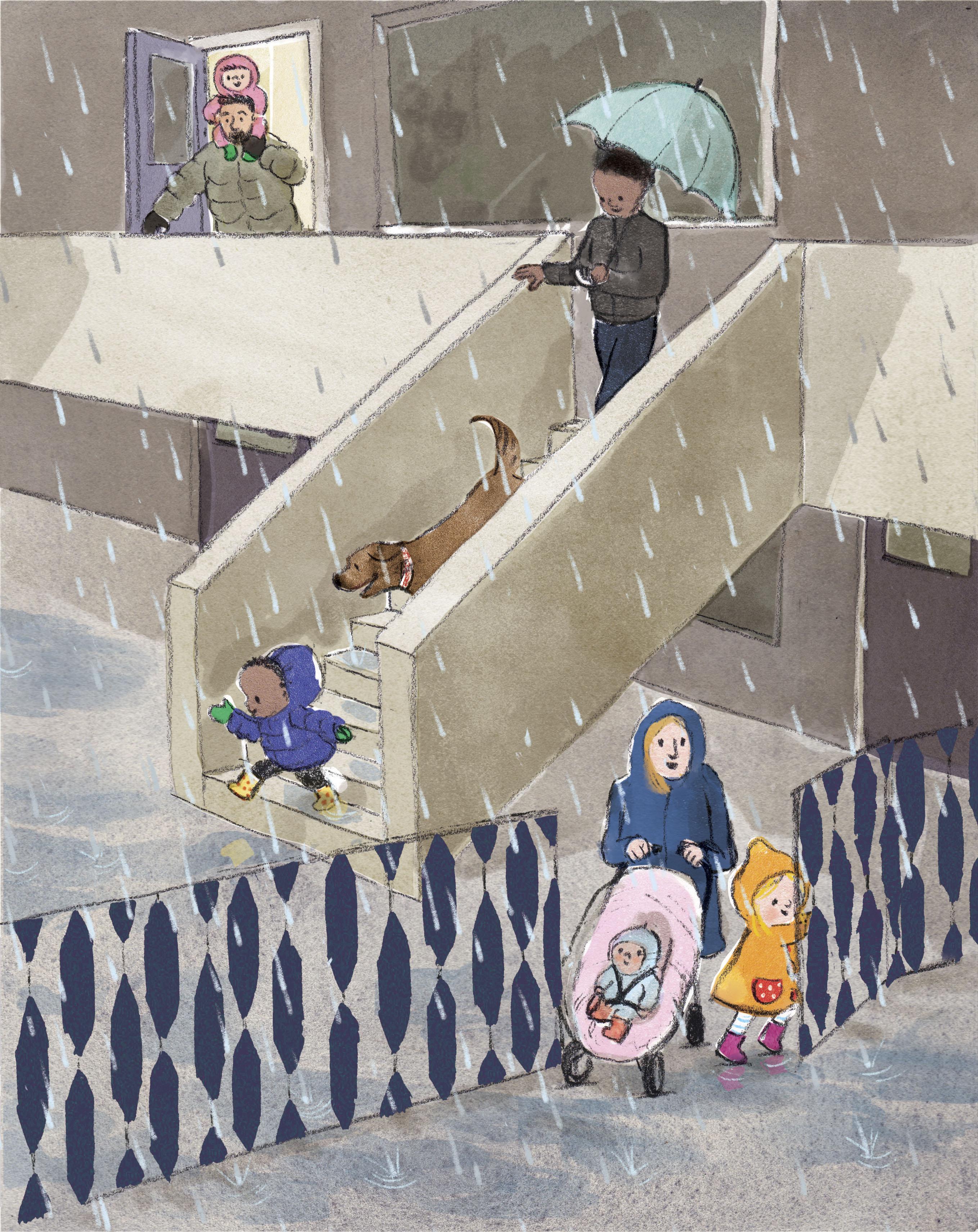 An illustration of an outside of a building with a staircase. There is an adult with a child and a child in a pram going through a gate. There is an adult with a dog and a children walking down the stairs. And adult is coming out of a door in the building with a child on their shoulders.