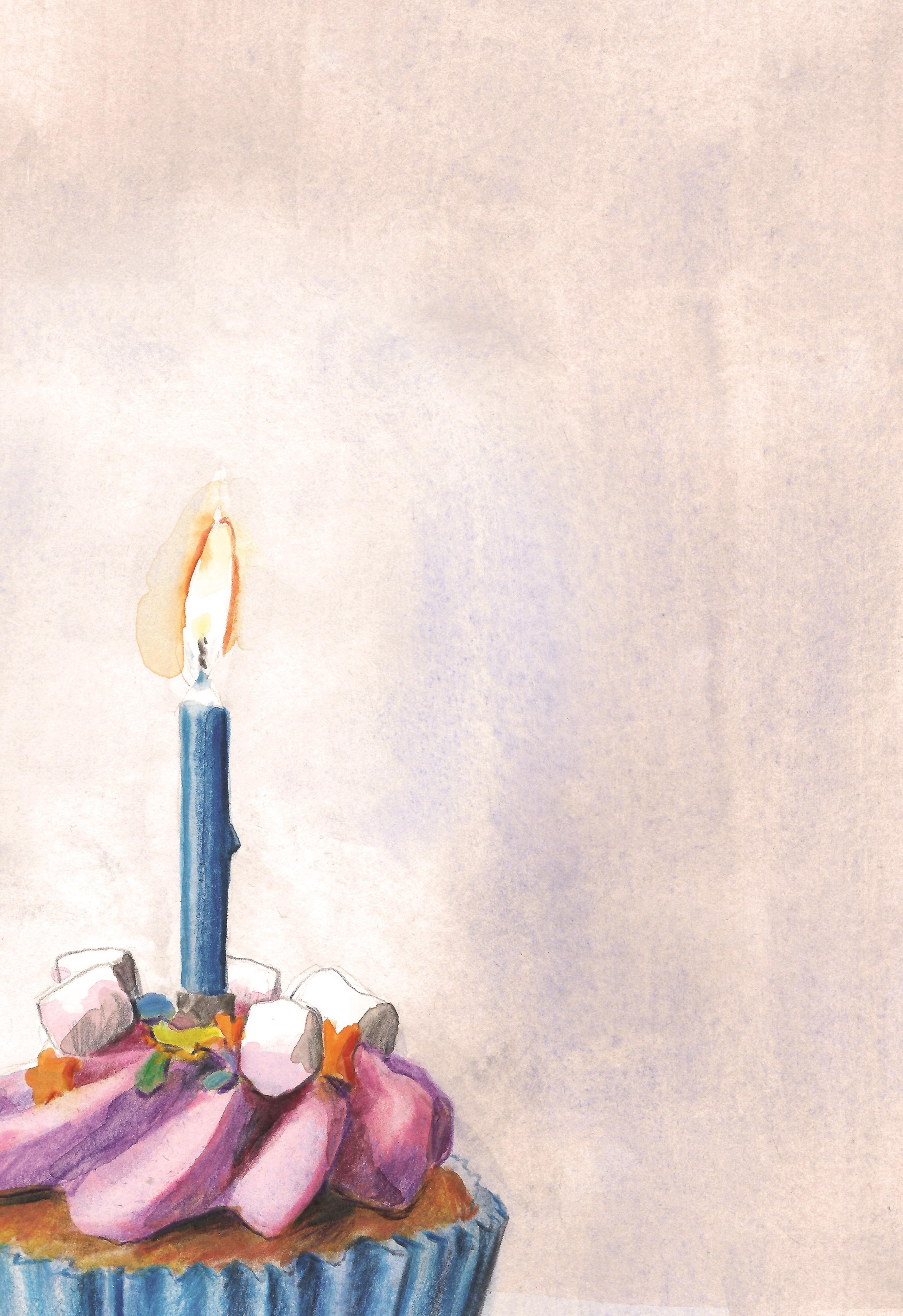 Illustration of an iced cupcake with a lit candle in it