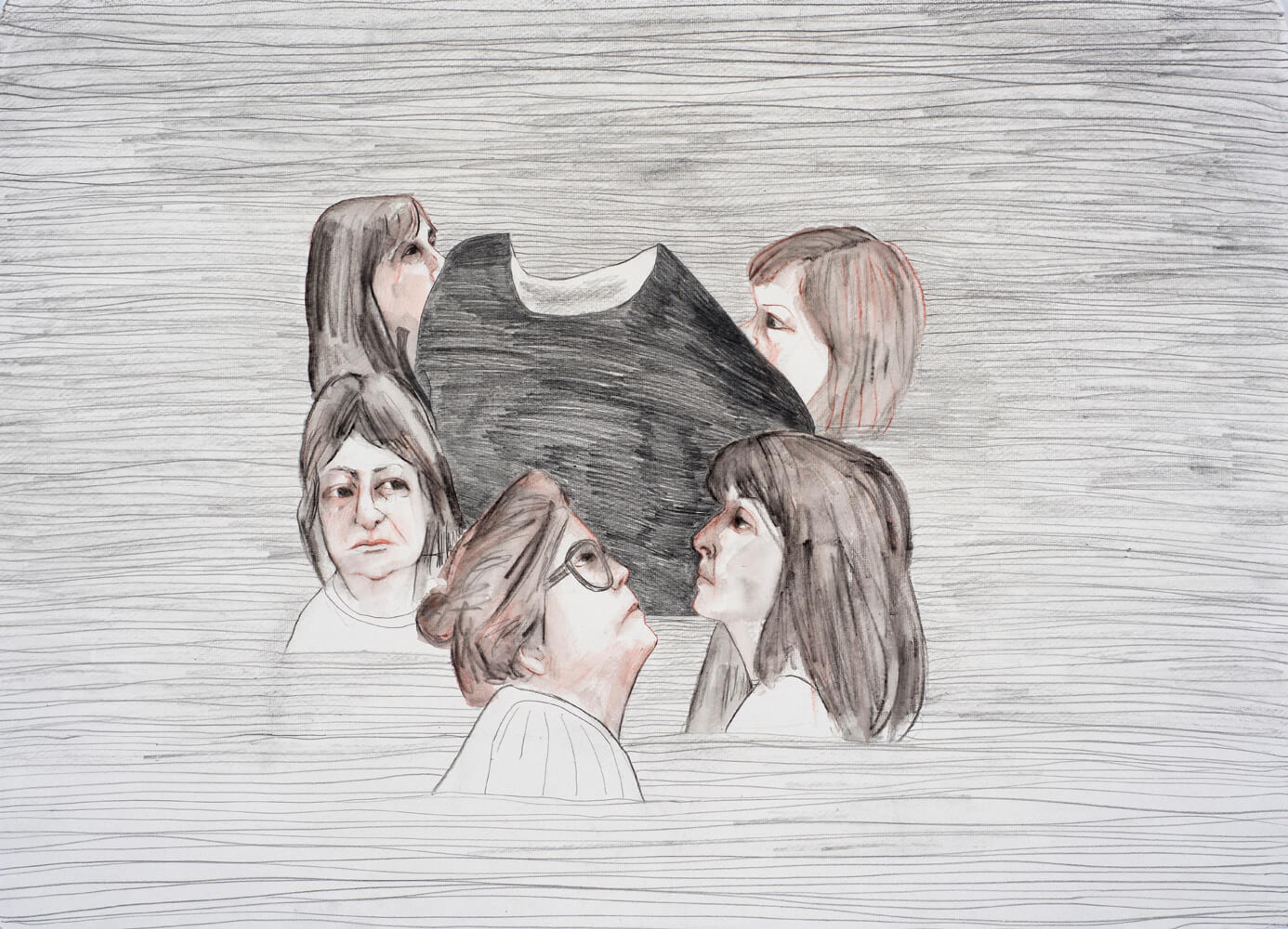 Drawing of faces looking at a black object