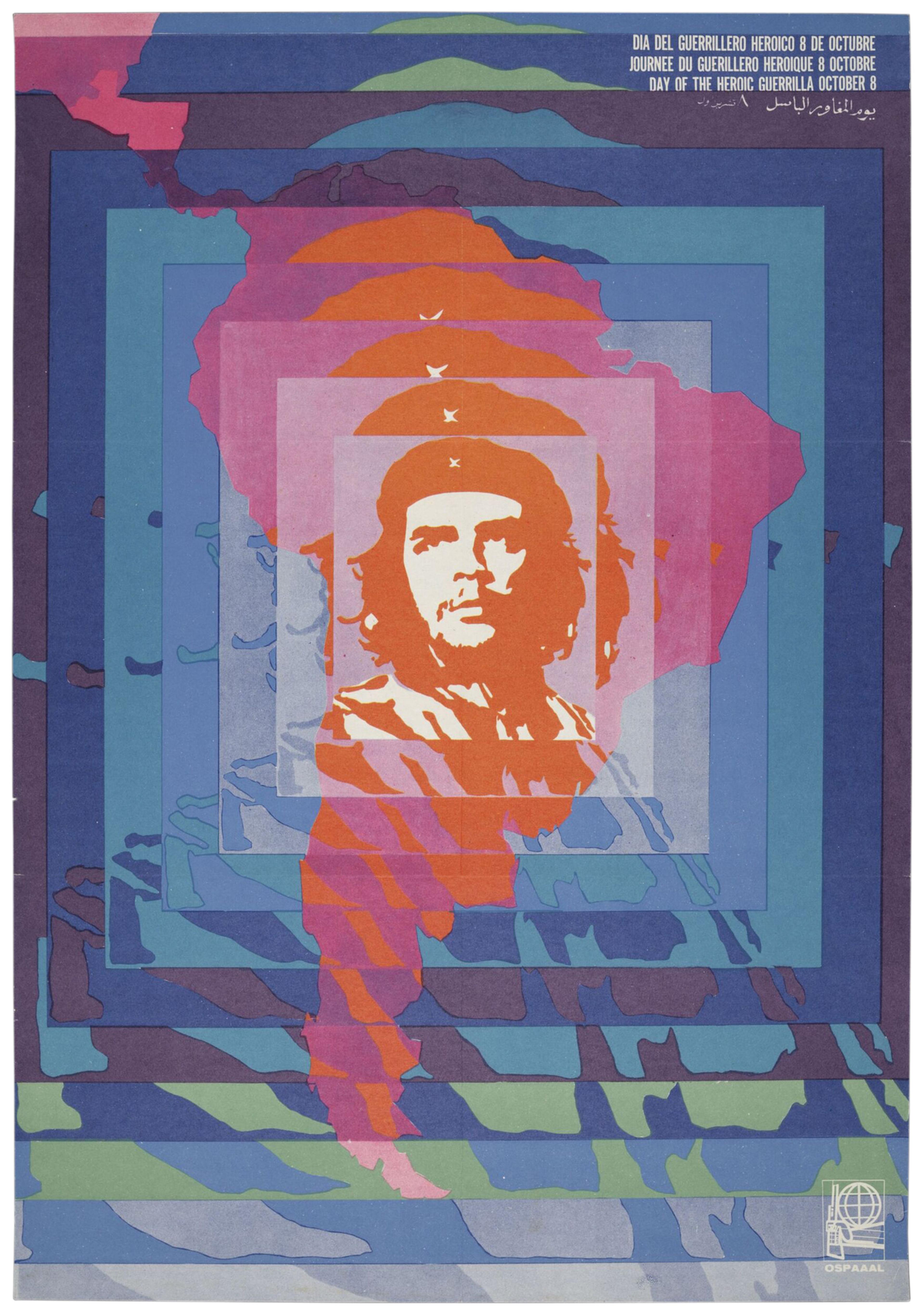 Offset lithograph poster depicting Che Guevara's face repeated in decreasing blue squares over the shape of South America coloured in pink and red. Lettered top right in white, 'Day of the Heroic Guerrilla Fighter, October 8', in Spanish, English, French, and Arabic.