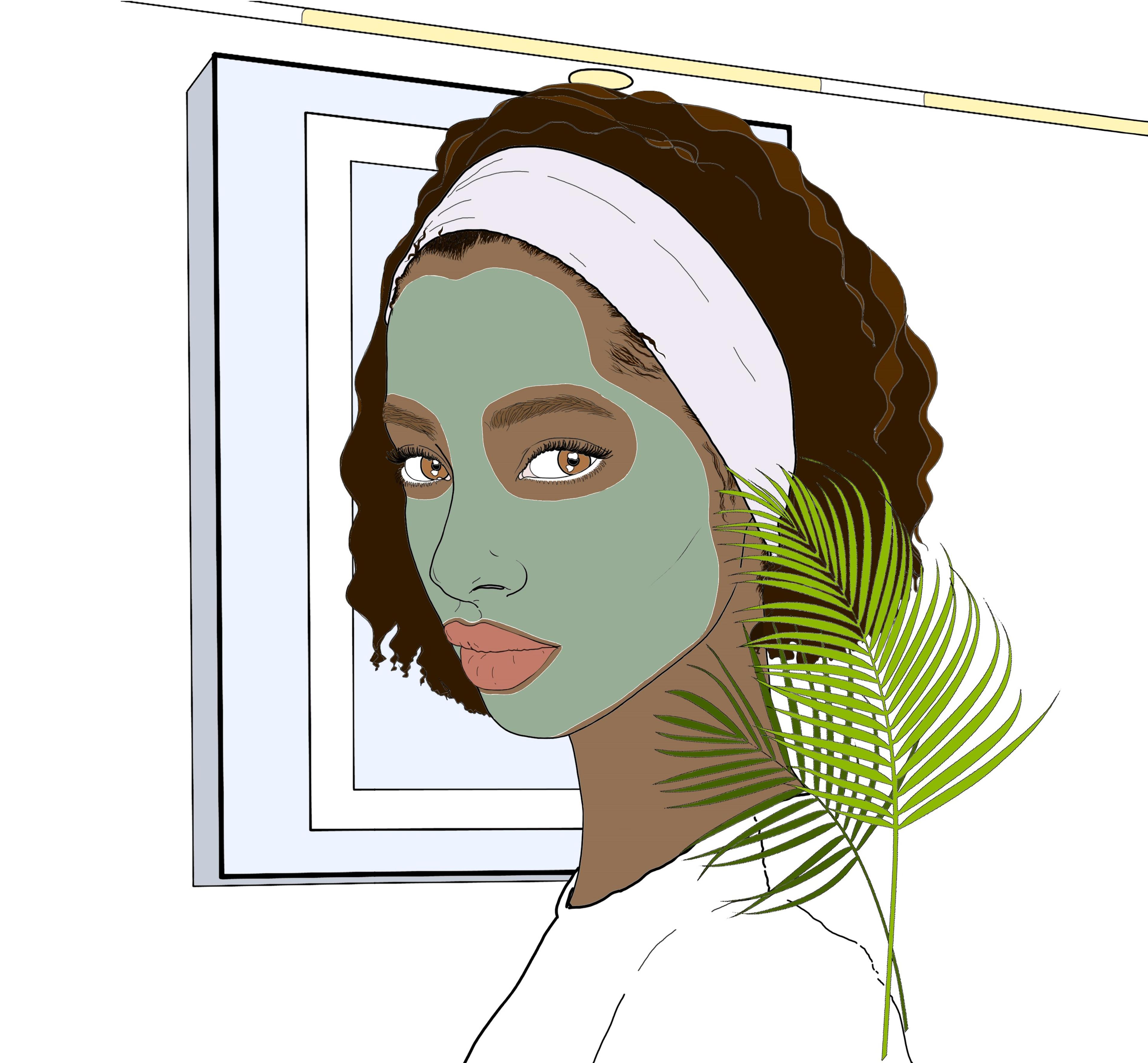 Illustration of a figure wearing a clay face mask.