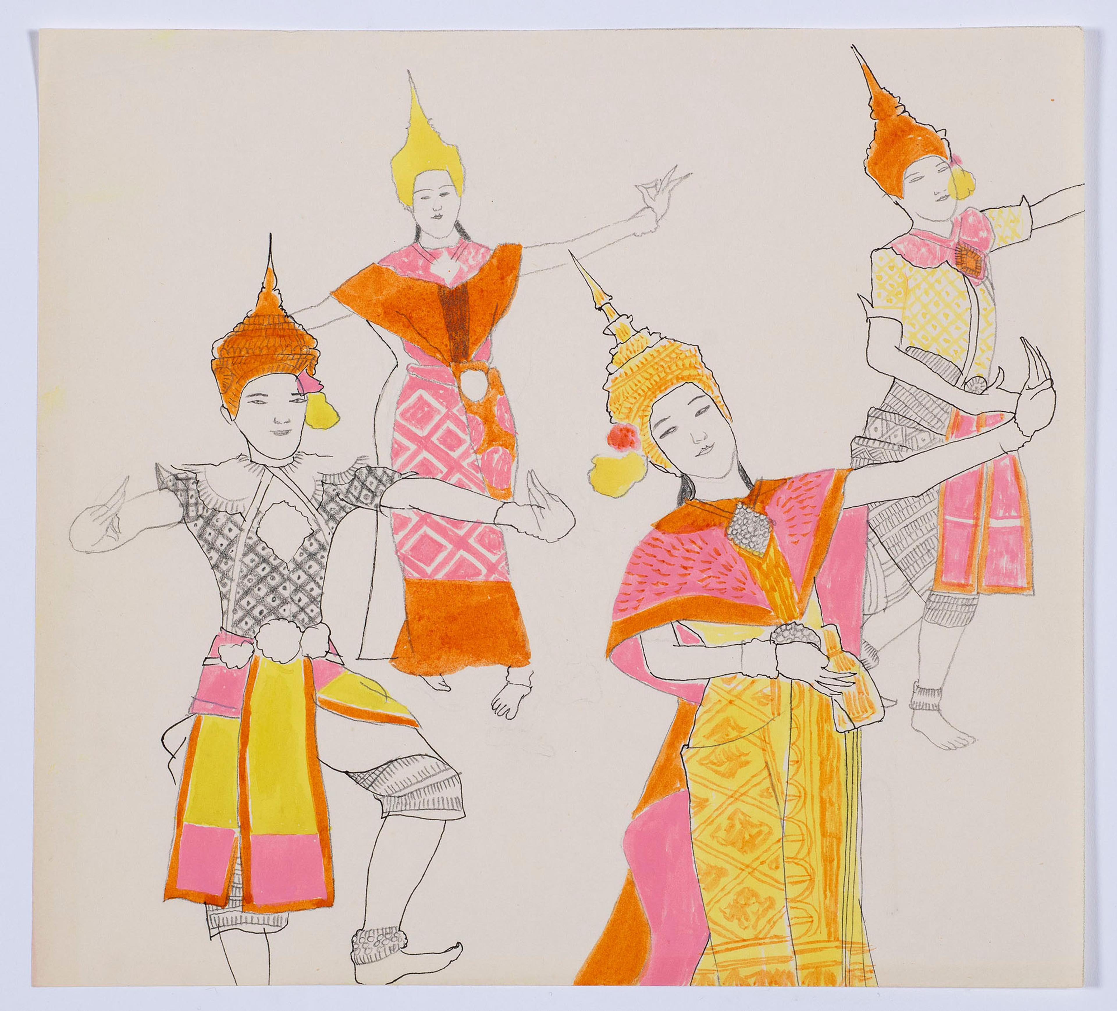 Black ink and pencil drawing of Thai dancers with orange, pink and yellow details