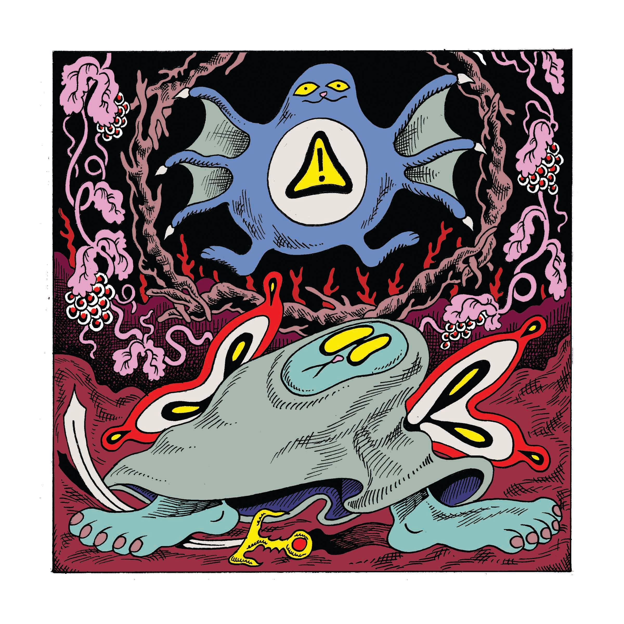 Illustration of two characters. One character flies above the other character, he has webbed wings and a warning symbol on their chest. The other below it, has butterfly wings and a sword under one of their feet.