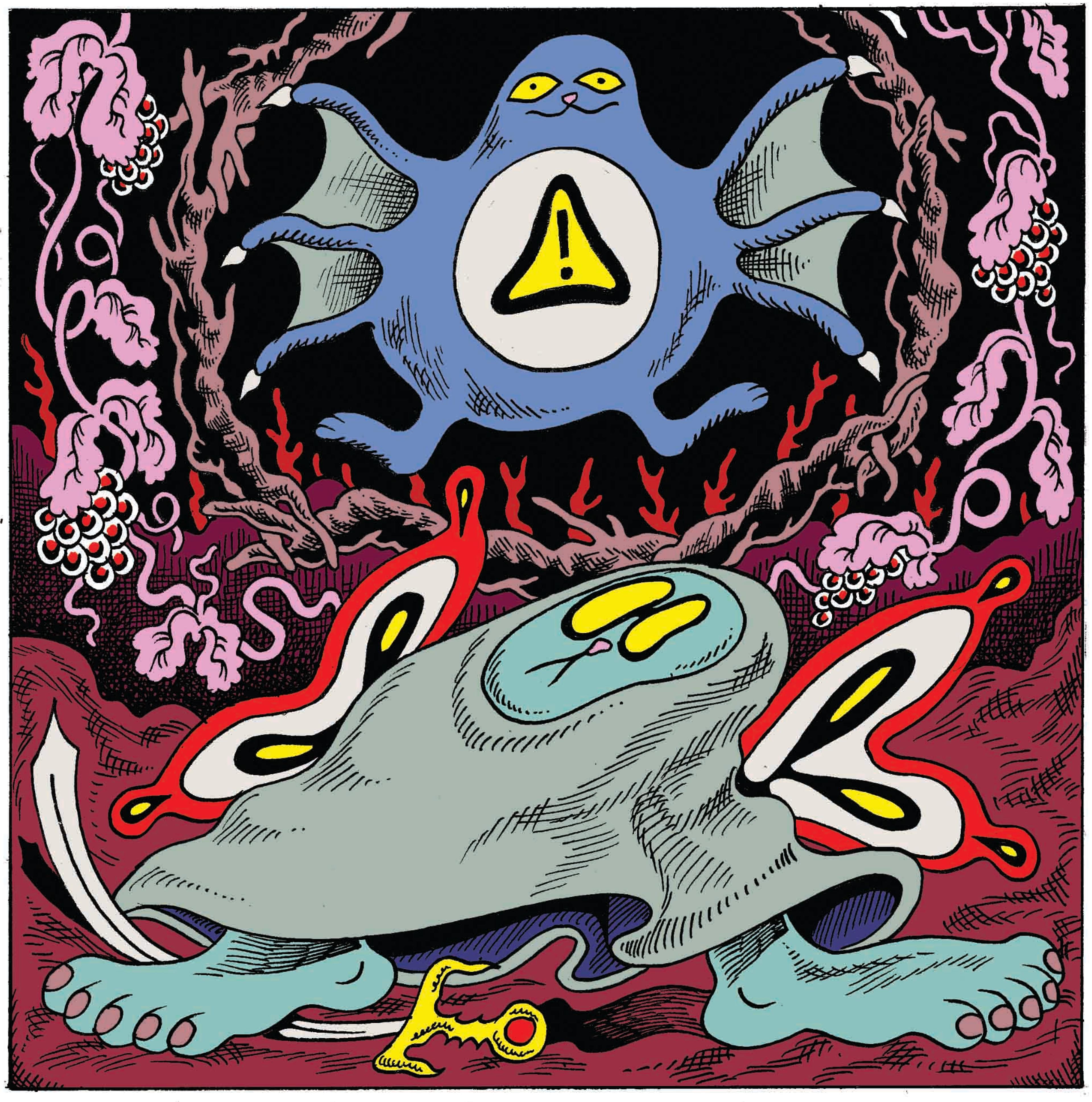 Illustration of two characters. One character flies above the other character, he has webbed wings and a warning symbol on their chest. The other below it, has butterfly wings and a sword under one of their feet.