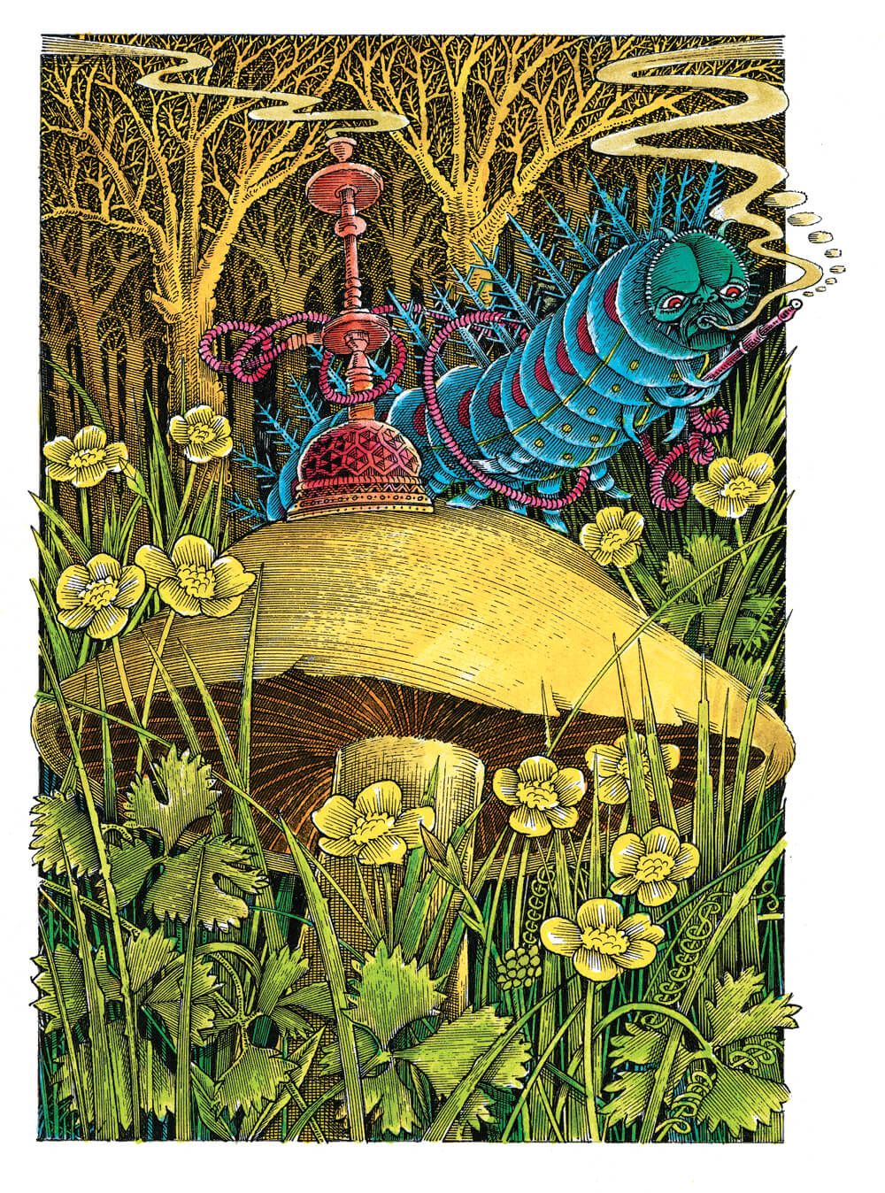 Ornate illustration of a blue caterpillar smoking hookah amidst lush vegetation